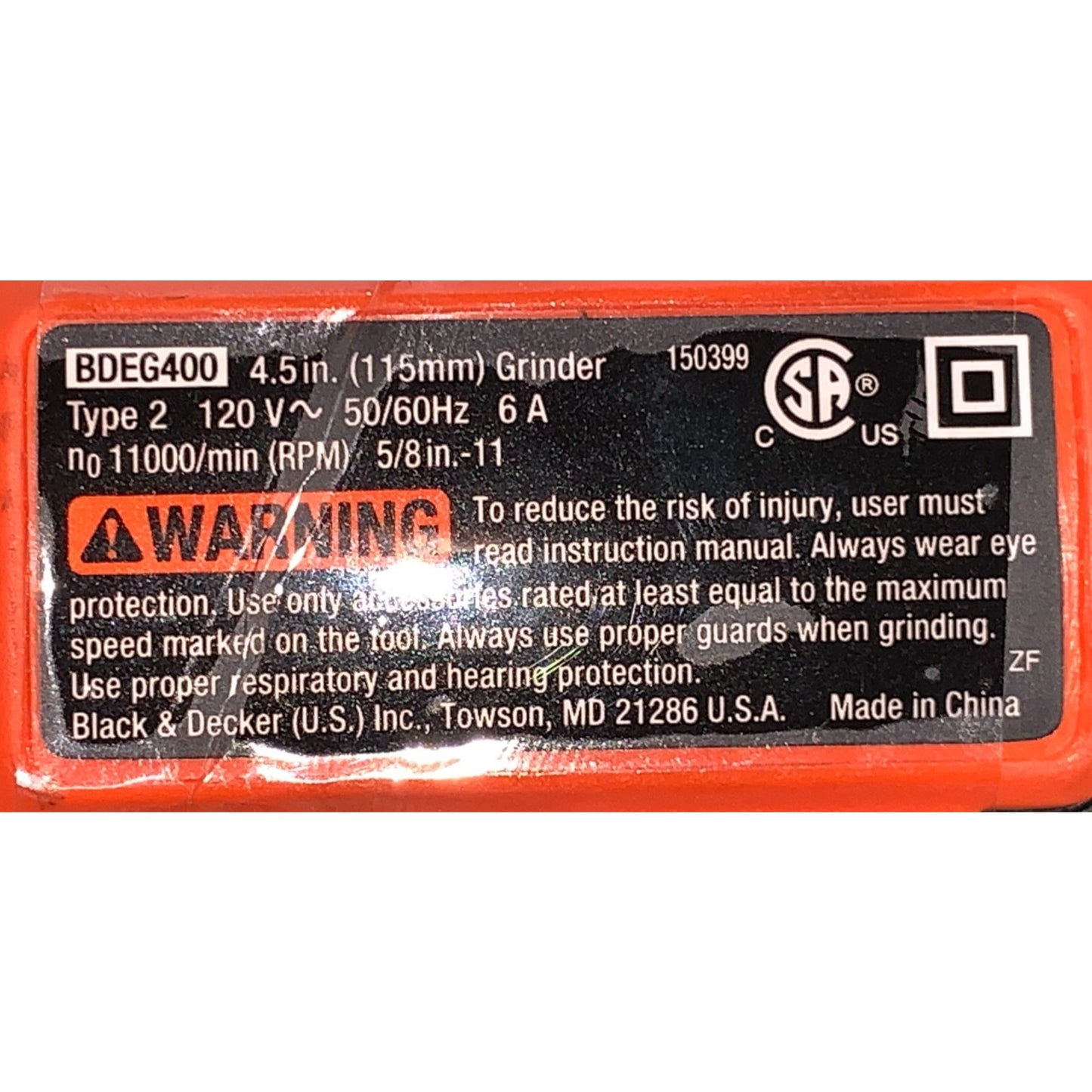 BLACK & DECKER 4-1/2" ANGLE GRINDER, 6 AMP, BDEG400