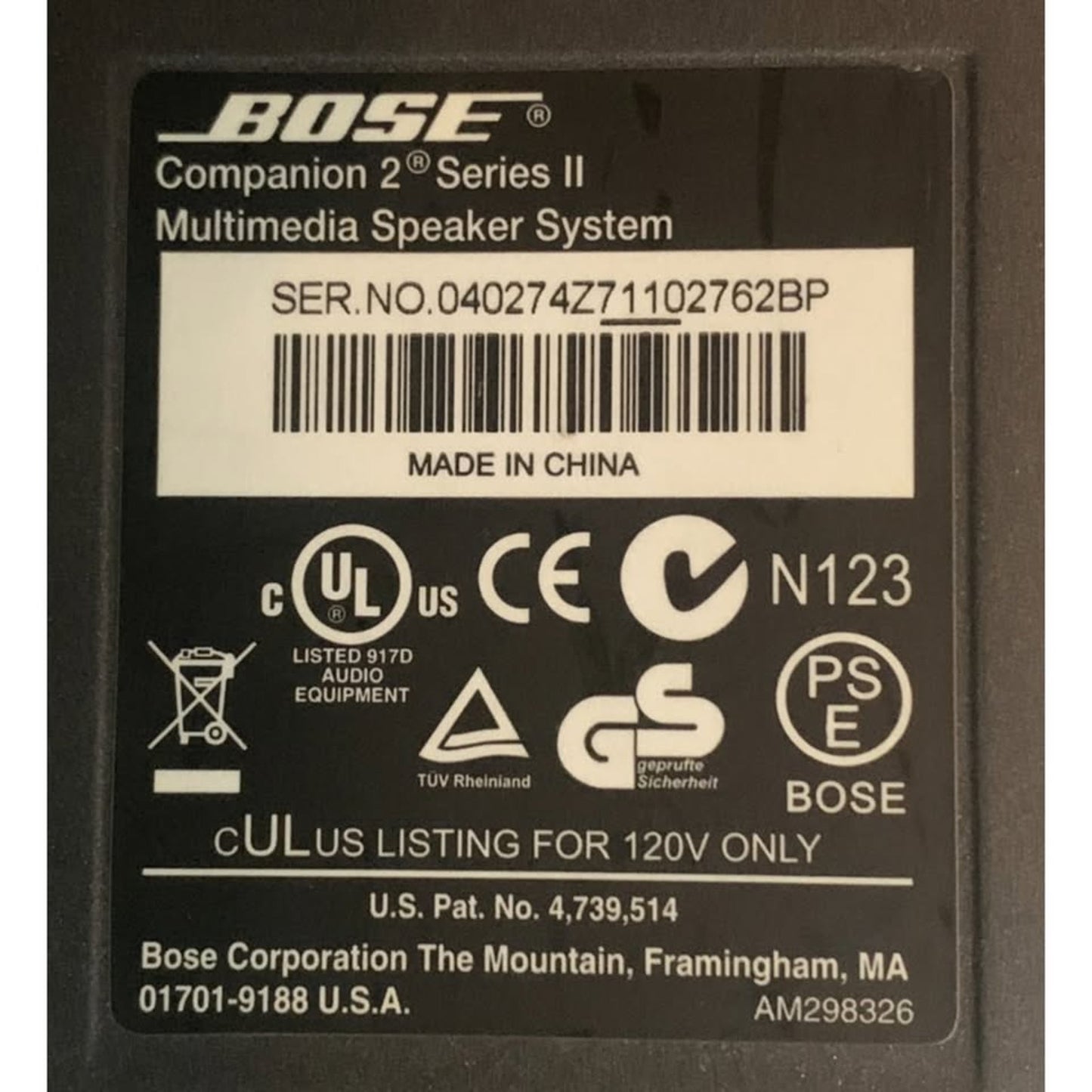 Bose Companion 2 Series II Multimedia Speaker System - Graphite - TESTED Works