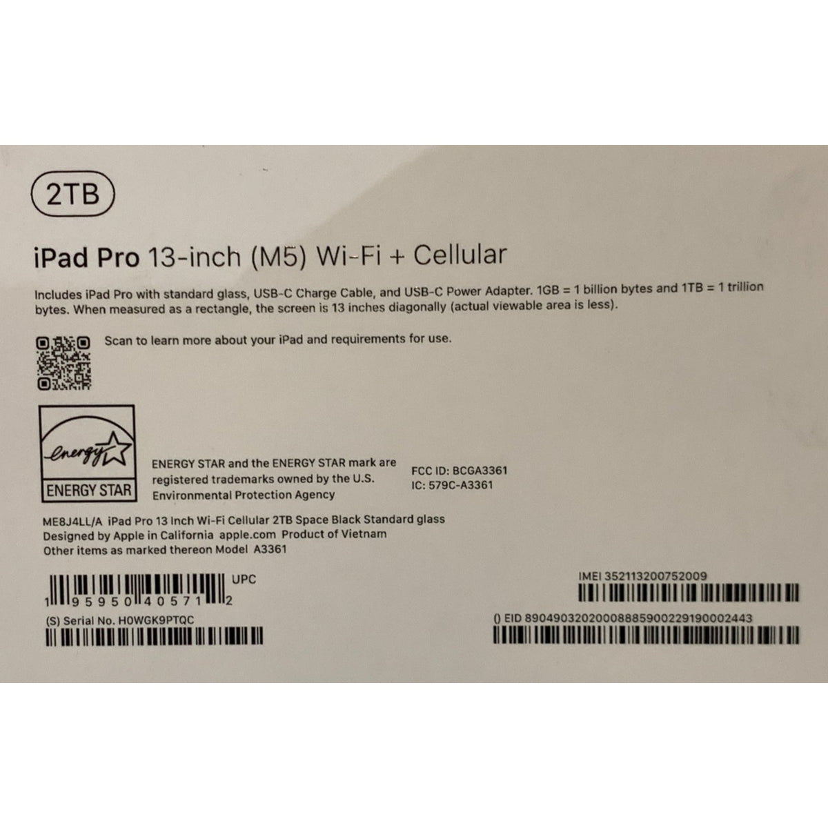 Sealed Apple iPad Pro 13" M5 2TB Black WiFi Cellular LTE Unlocked ME8J4LL/A