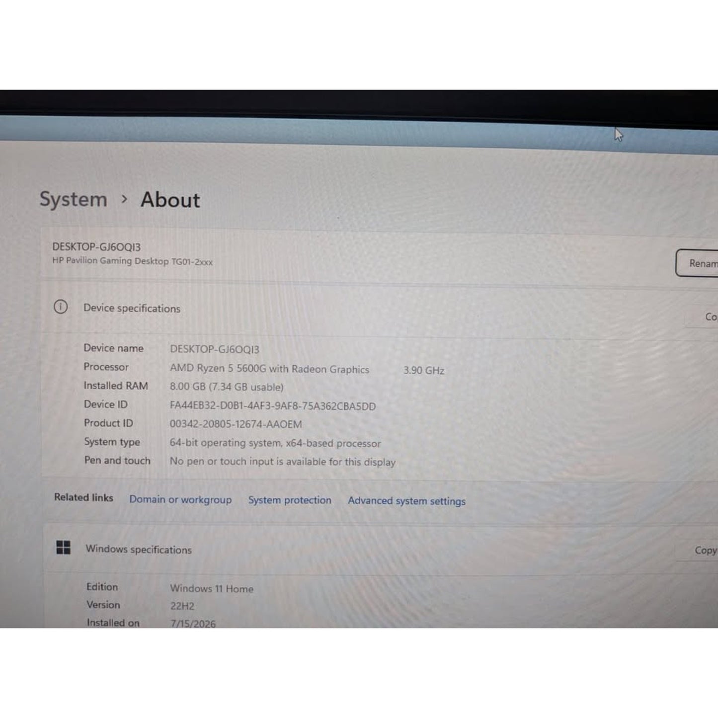 HP Pavilion Gaming Desktop / TG01-2003W / Ryzen 5 5600G / RX5500