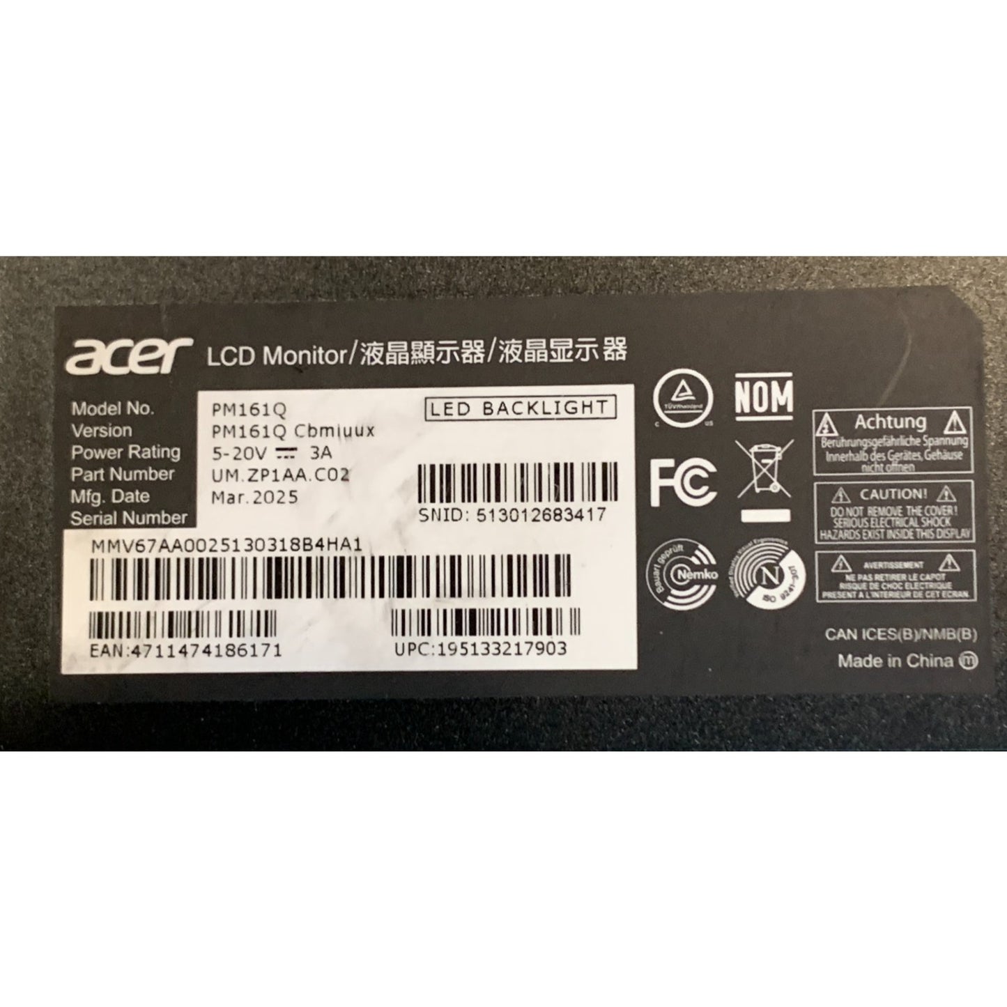 Acer PM161Q PORTABLE MONITOR PM161QCMBMIUUX