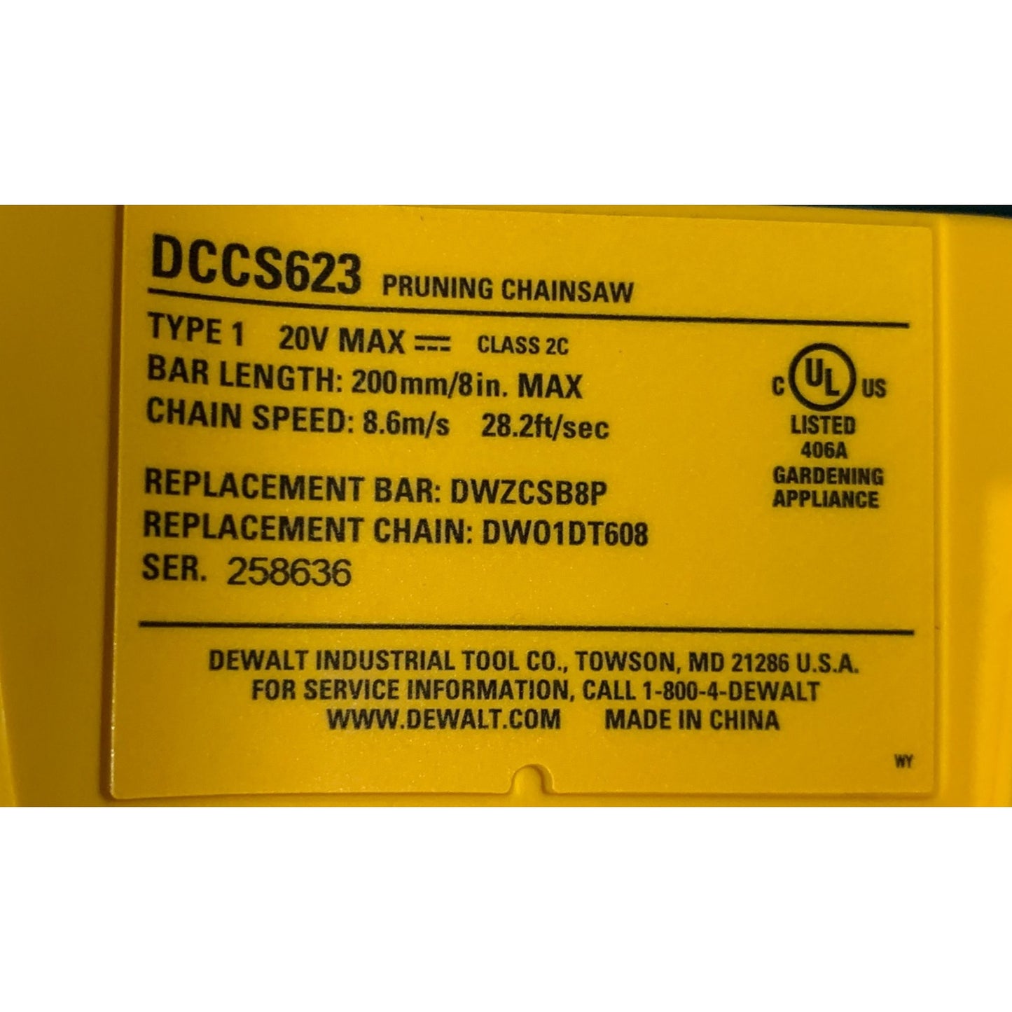 Dewalt Max 8" 20V Pruning Electric Cordless Chainsaw DCCS623B *Tool Only*