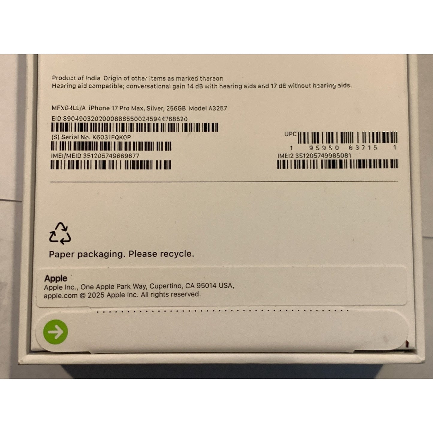 Brand New Apple iPhone 17 Pro Max - 256 GB - Silver - Unlocked - Model A3257
