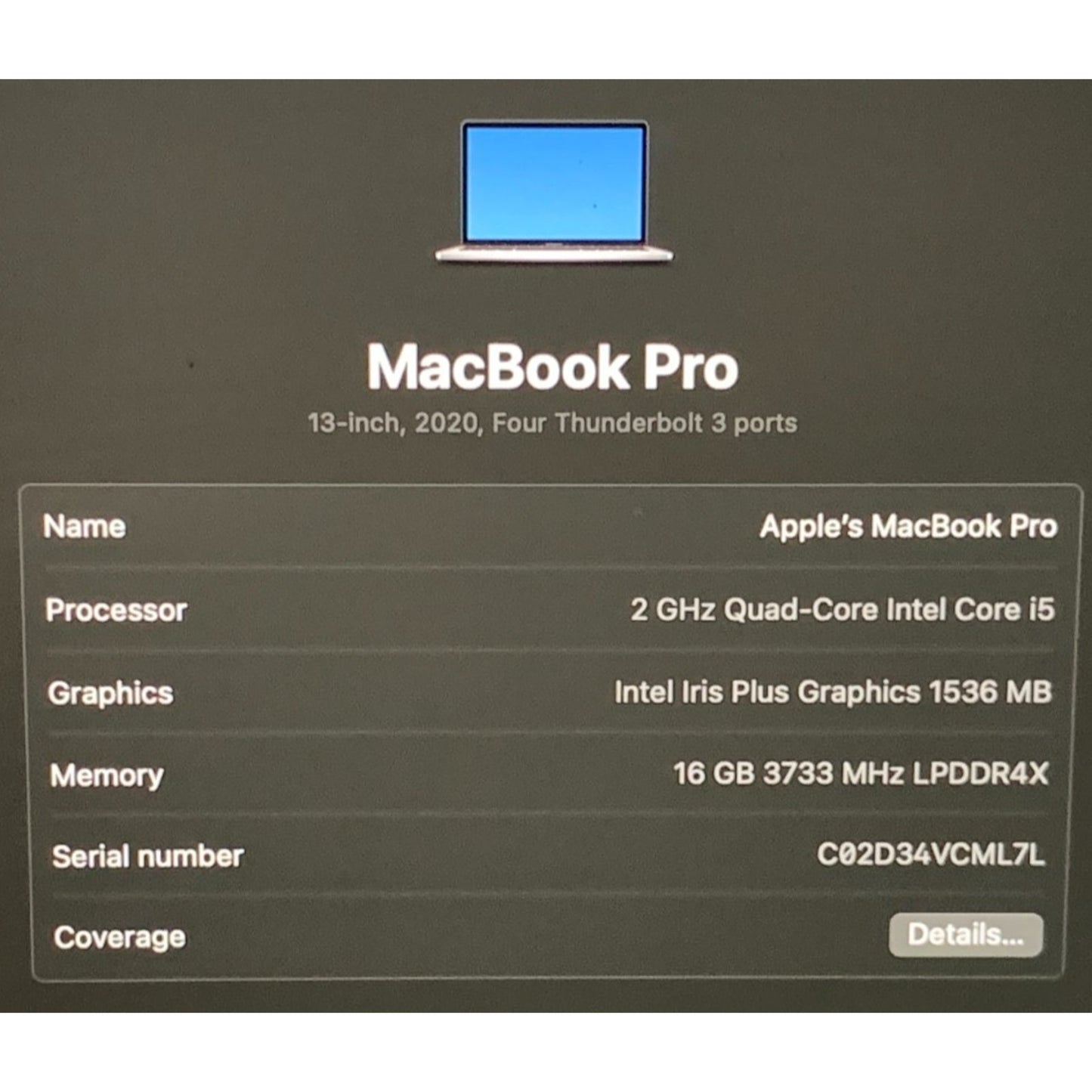 Apple MacBook Pro 13-inch 2020 2GHz Quad-Core Intel Core I5, 16GB RAM, 512GB SSD
