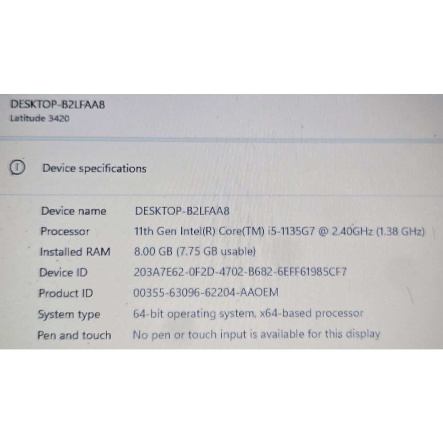 Dell Latitude 3420 / Intel Core I5-1135G7 / 256SSD / 8Ram / W11Pro / 14" Screen /