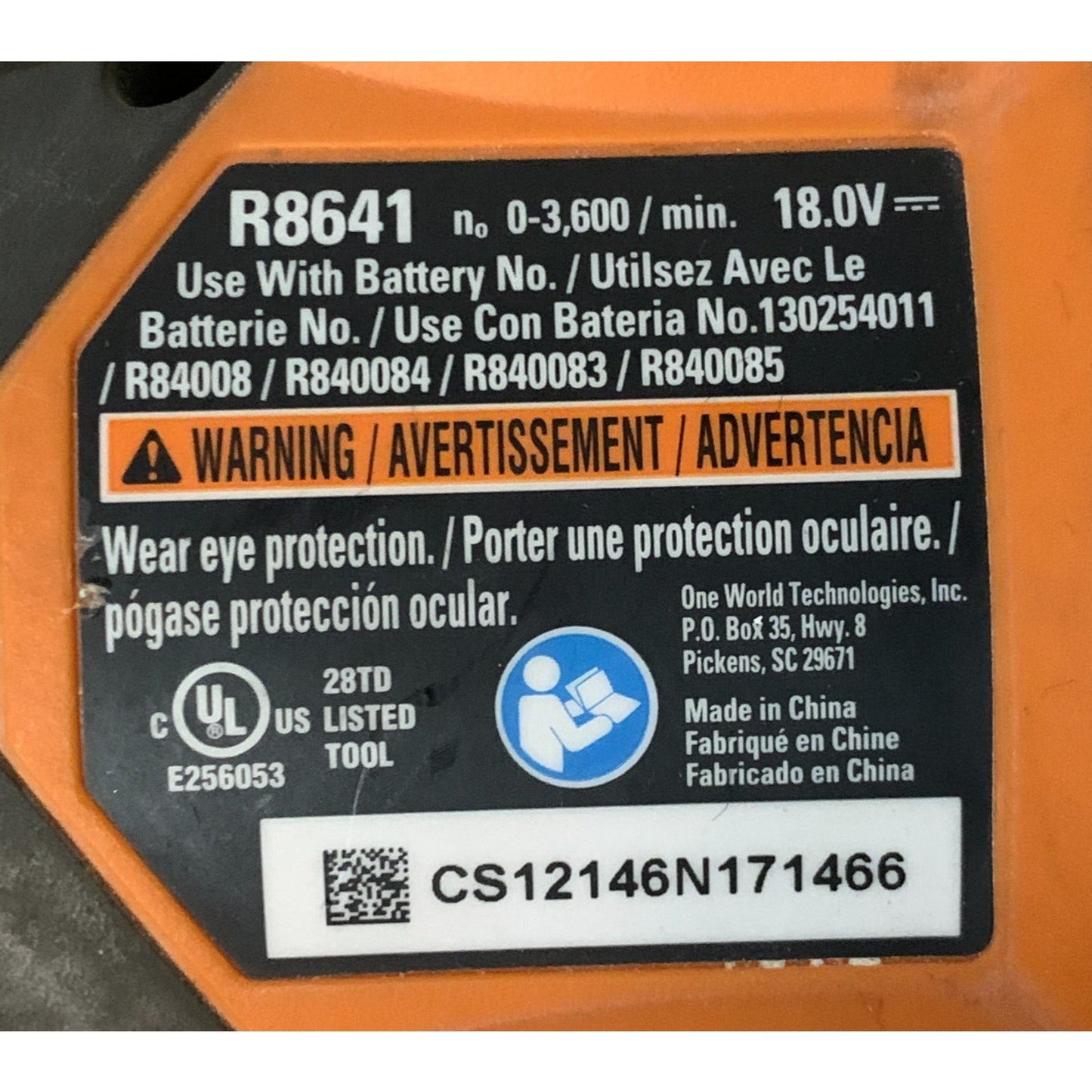 RIDGID 18V Cordless Reciprocating Saw R8641 With Charger & Battery