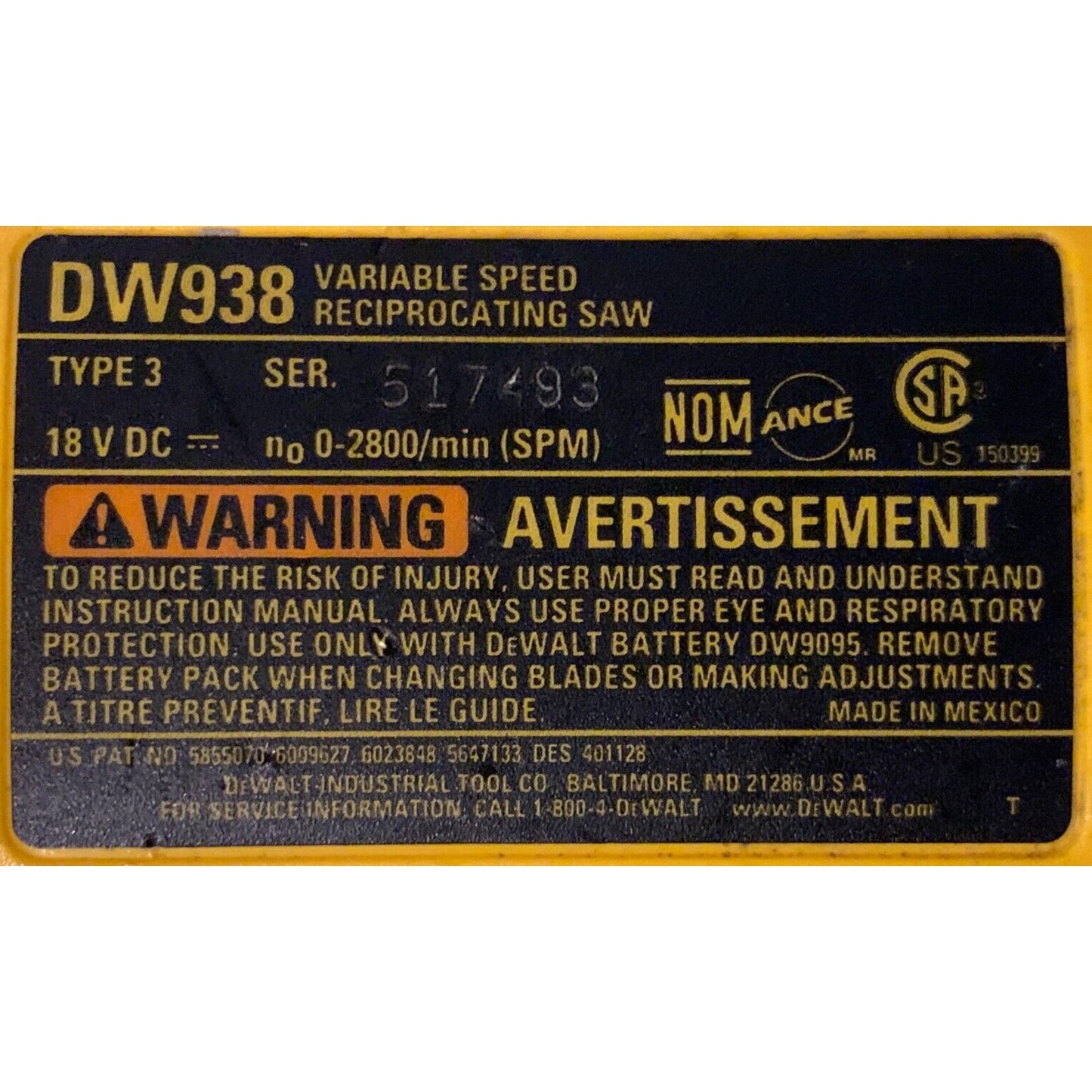 DeWalt DW938 18V Variable Speed Cordless Reciprocating Saw /W 18v Battery