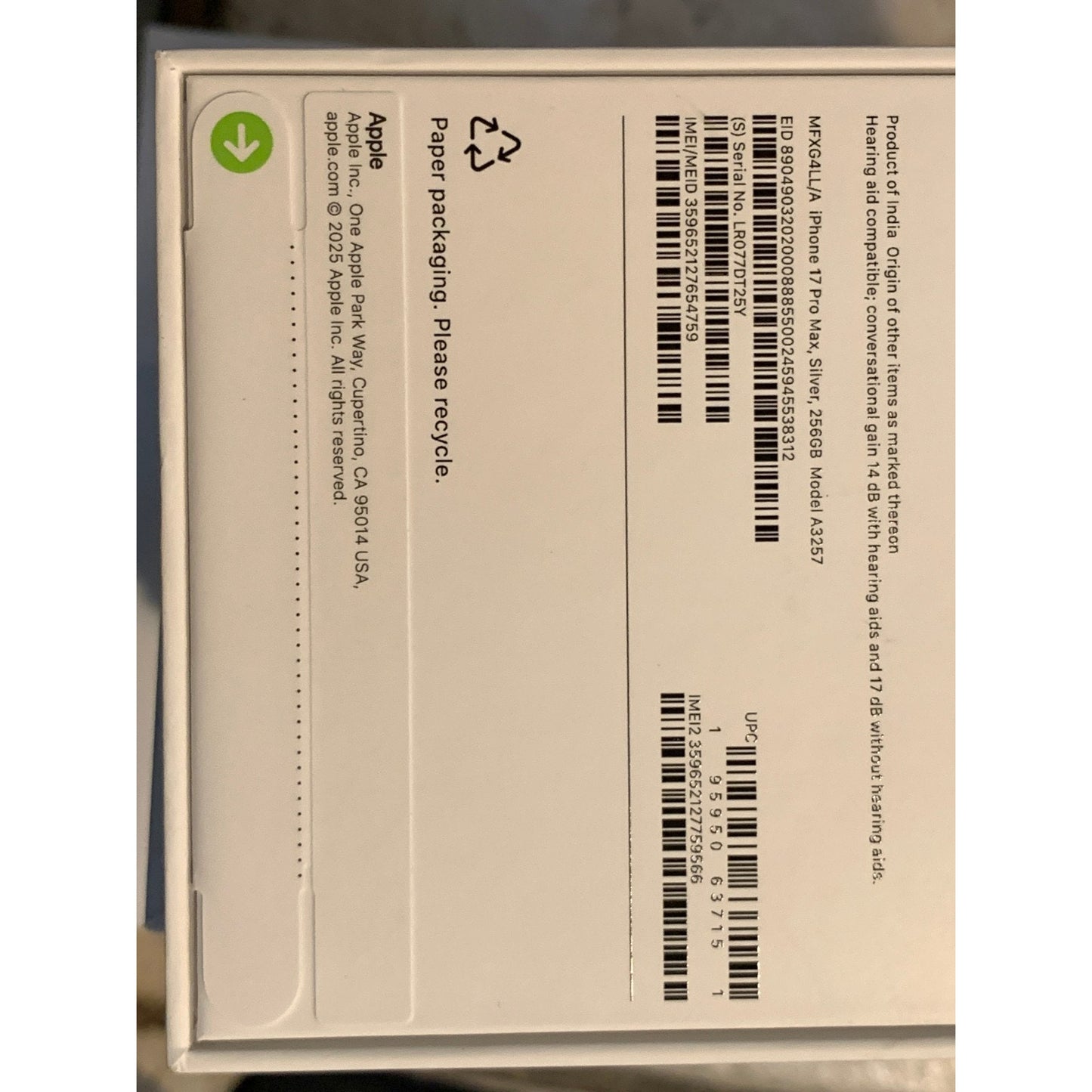 Brand New Apple iPhone 17 Pro Max - 256 GB - Silver - Unlocked - Model A3257