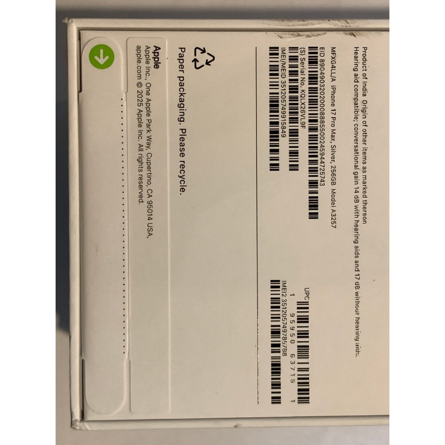 Brand New Apple iPhone 17 Pro Max - 256 GB - Silver - Unlocked - Model A3257