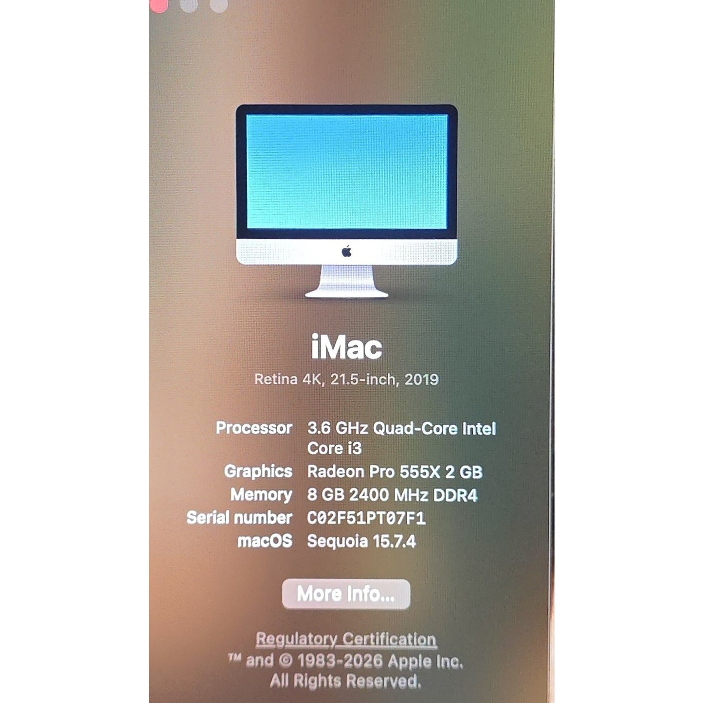 Apple iMac A2116 i3-8100 3.60GHz 8GB RAM 256GB SSD (Early 2019) Sequoia