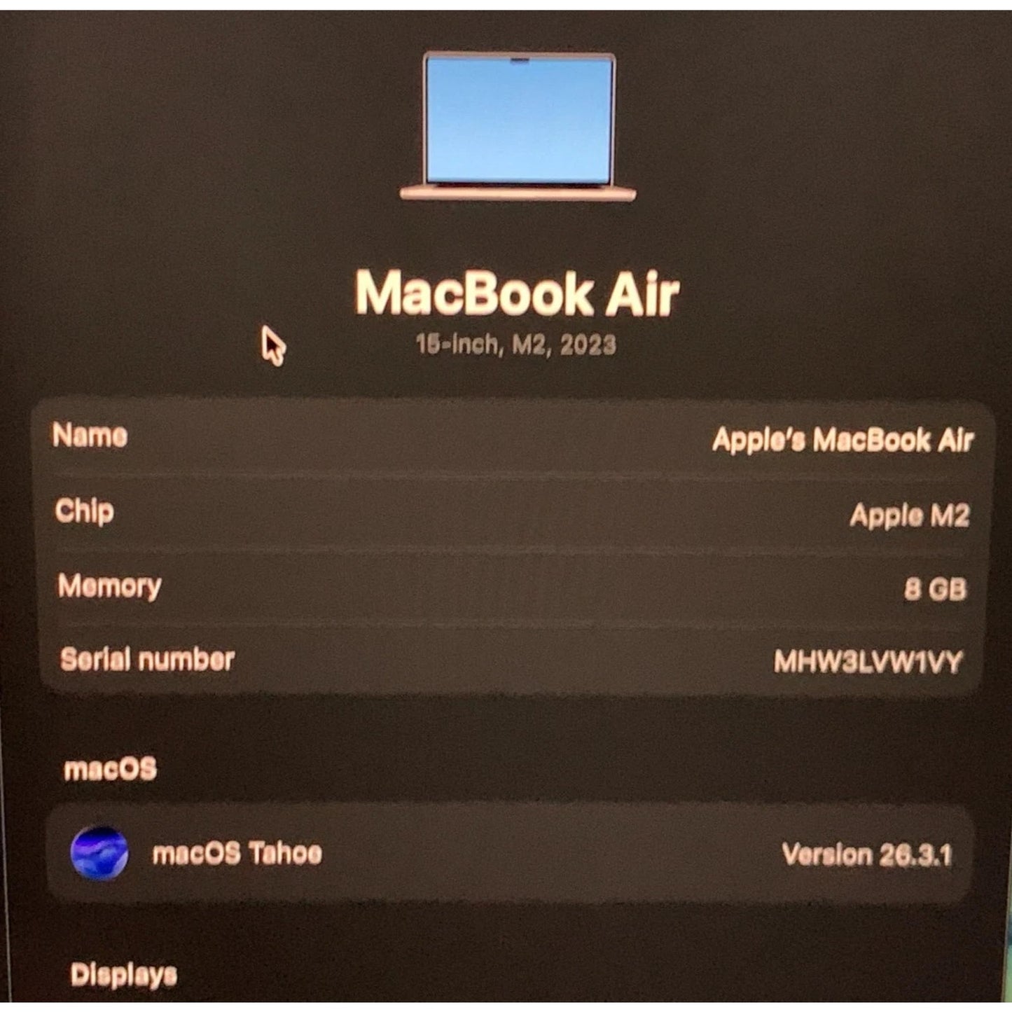 APPLE MACBOOK AIR LAPTOP A2941 15" M2 CHIP 2023 8GB ram 256GB