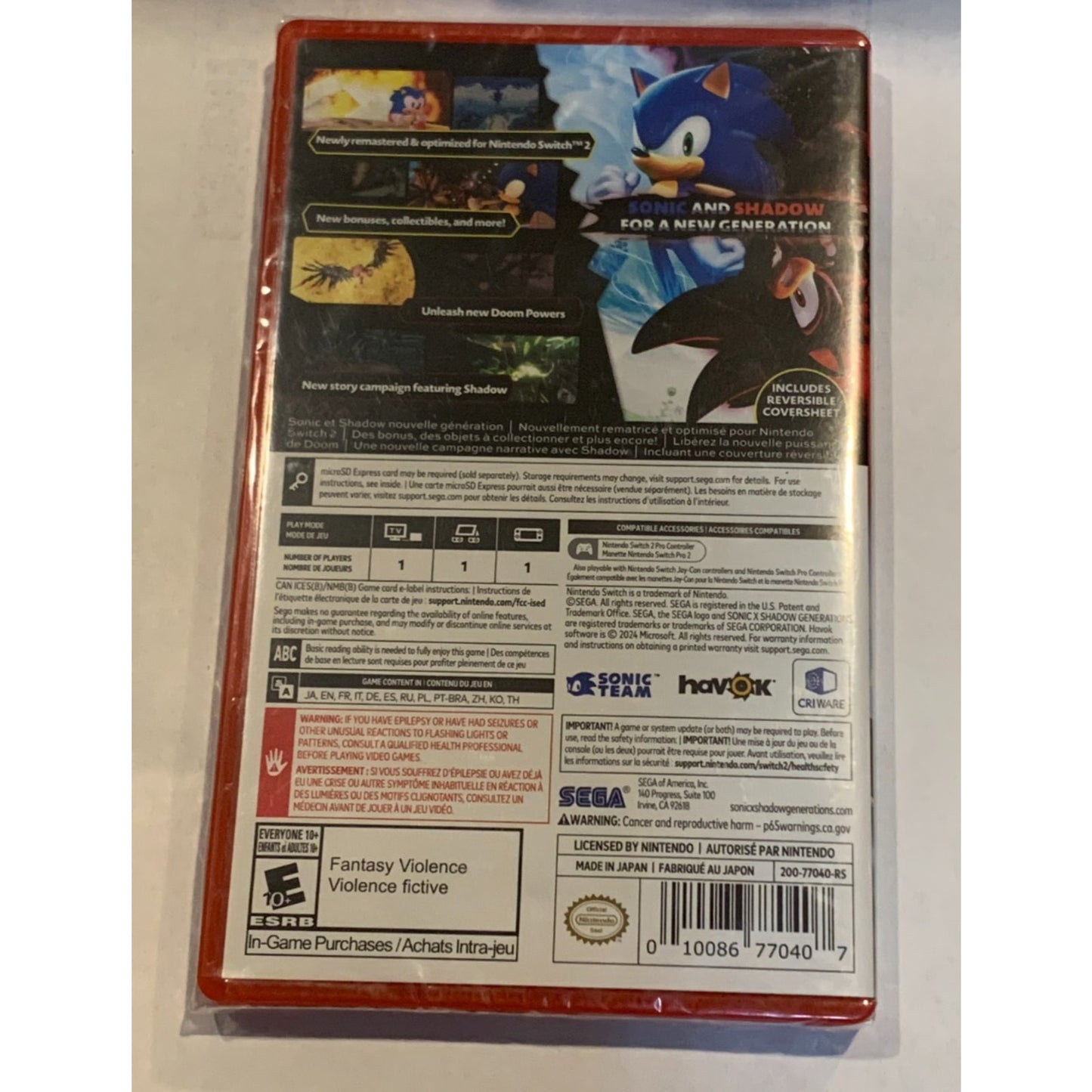 Sonic Shadow Generations (Game Key Card) for Nintendo Switch 2 FACTORY SEALED