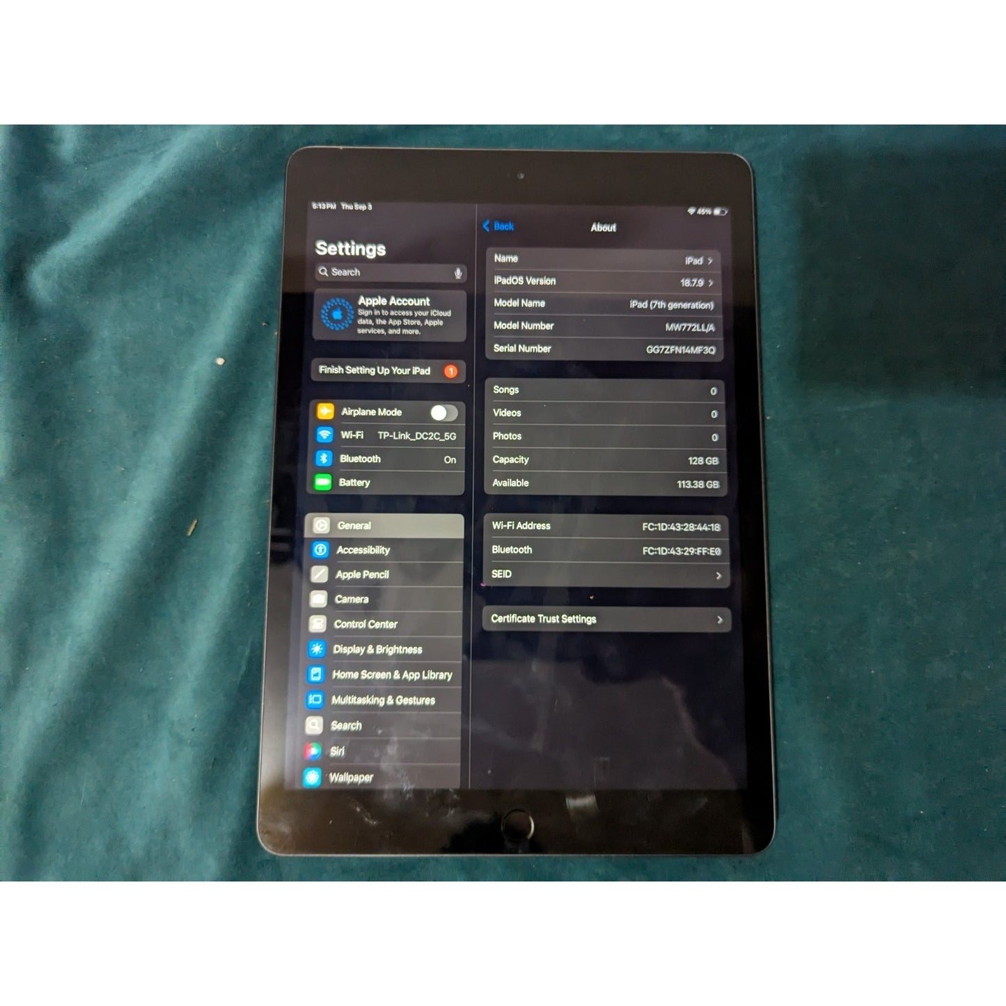 Apple Ipad 7th Gen Tablet A2197 128GB Wi-Fi Silver