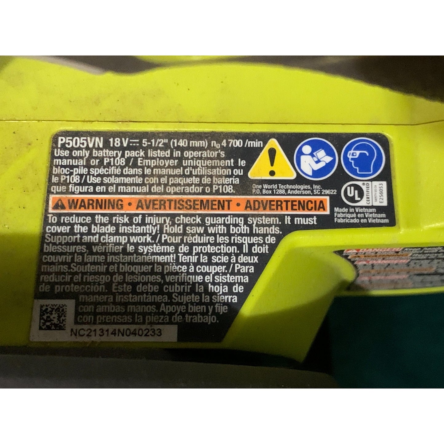 Ryobi P505VN Cordless 5.5 In. 18V Circular Saw (Tool Only)