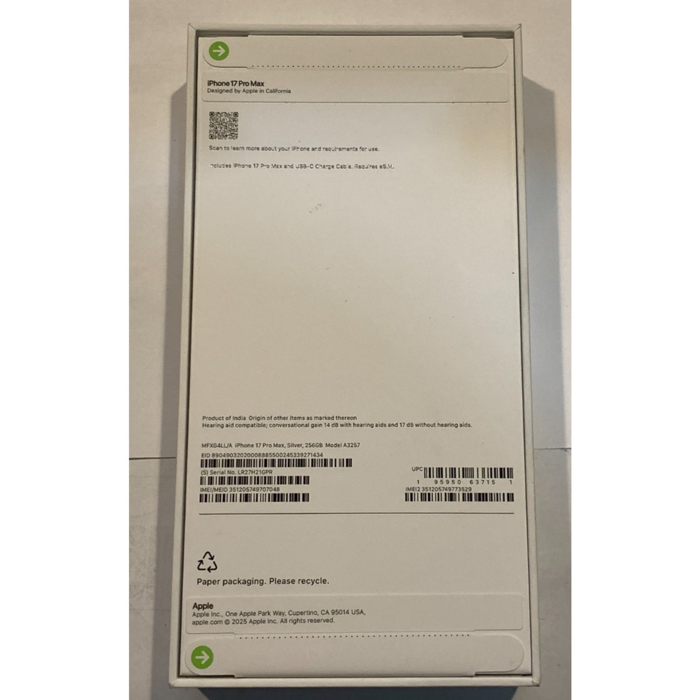 Brand New Apple iPhone 17 Pro Max - 256 GB - Silver - Unlocked - Model A3257