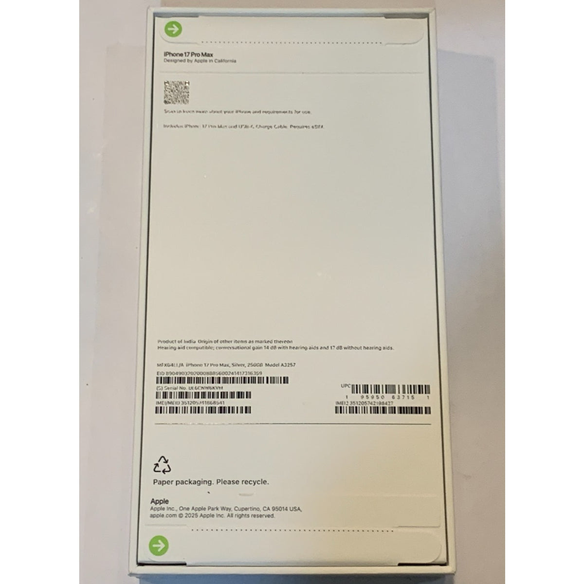 Brand New Apple iPhone 17 Pro Max - 256 GB - Silver - Unlocked - Model A3257