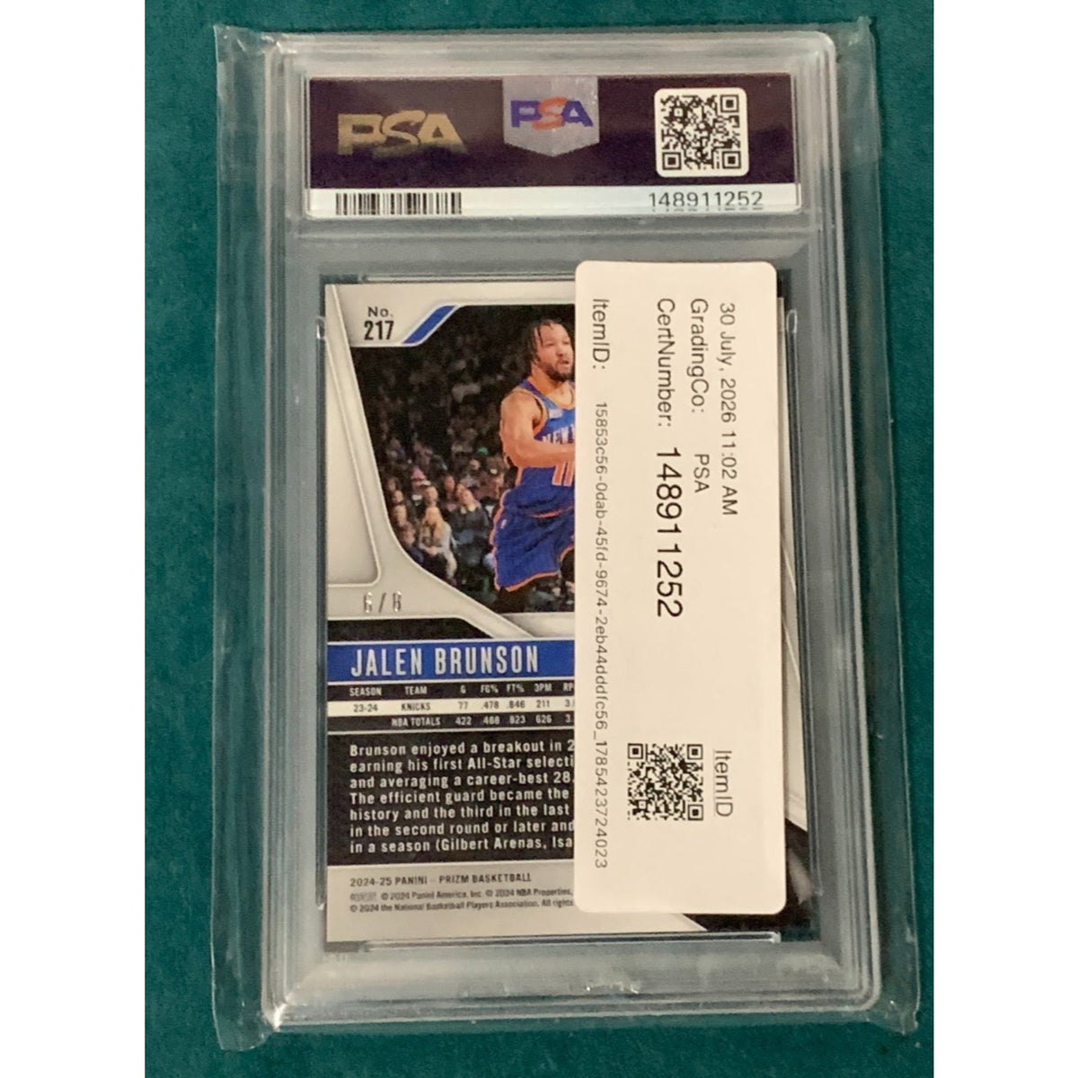 2024 PANINI PRIZM GREEN CHOICE #217 JALEN BRUNSON 6/8 PSA 10
