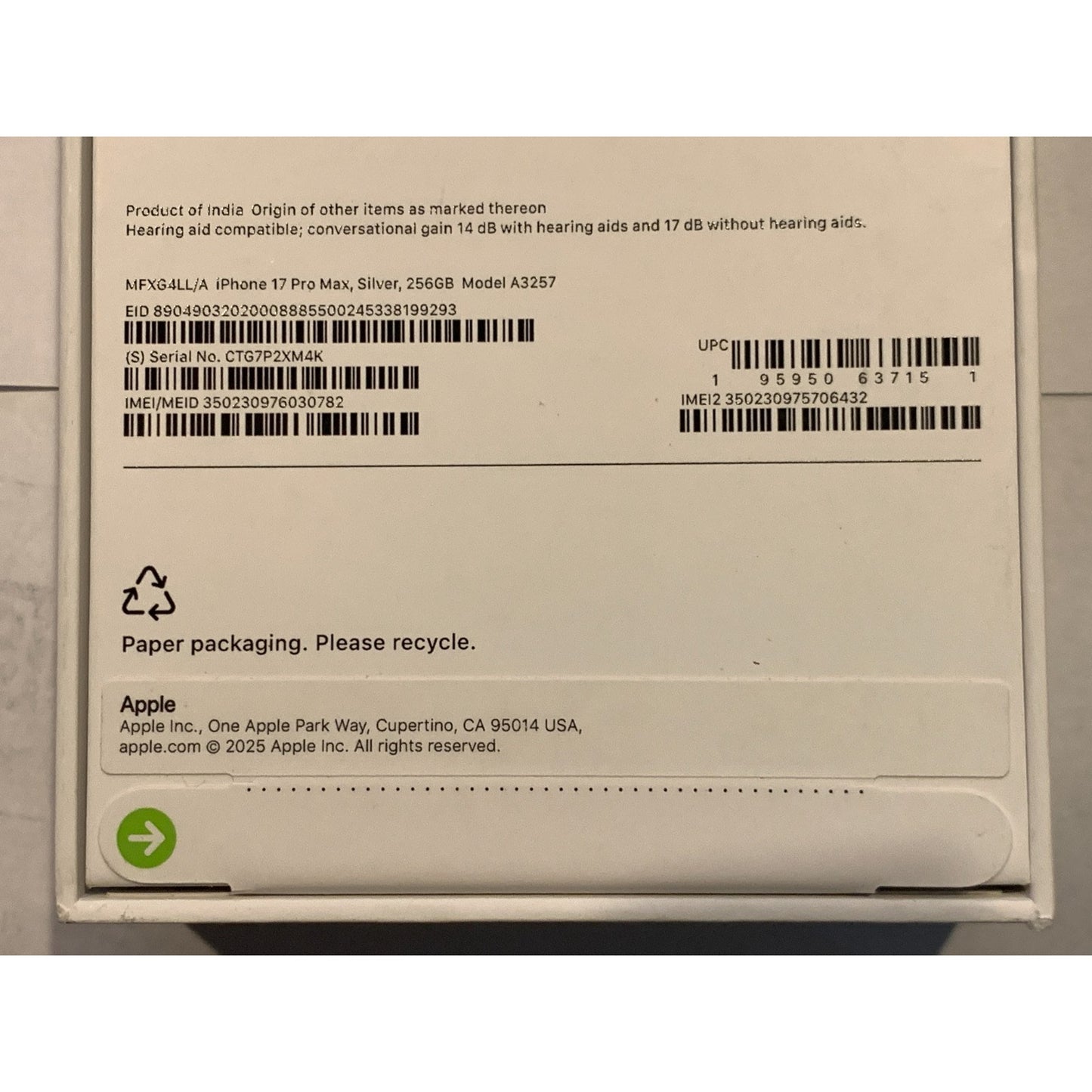 Brand New Apple iPhone 17 Pro Max - 256 GB - Silver - Unlocked - Model A3257