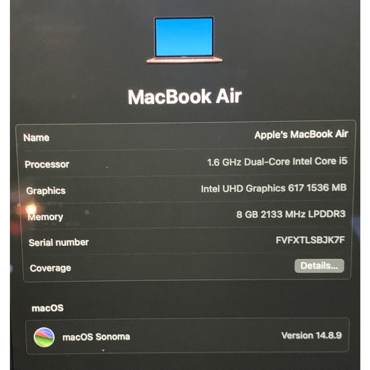 Apple MacBook Air 13"2019 A1932 i5-8210Y 1.6GHz 128GB SSD 8GB DDR3