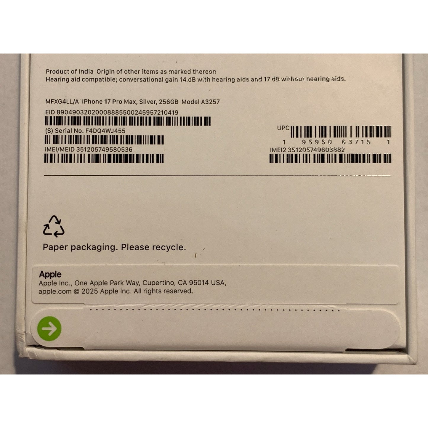 Brand New Apple iPhone 17 Pro Max - 256 GB - Silver - Unlocked - Model A3257