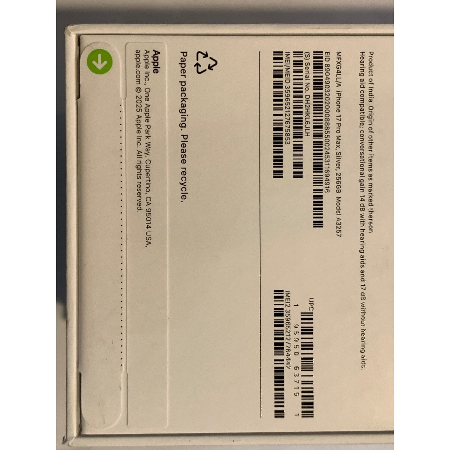 Brand New Apple iPhone 17 Pro Max - 256 GB - Silver - Unlocked - Model A3257