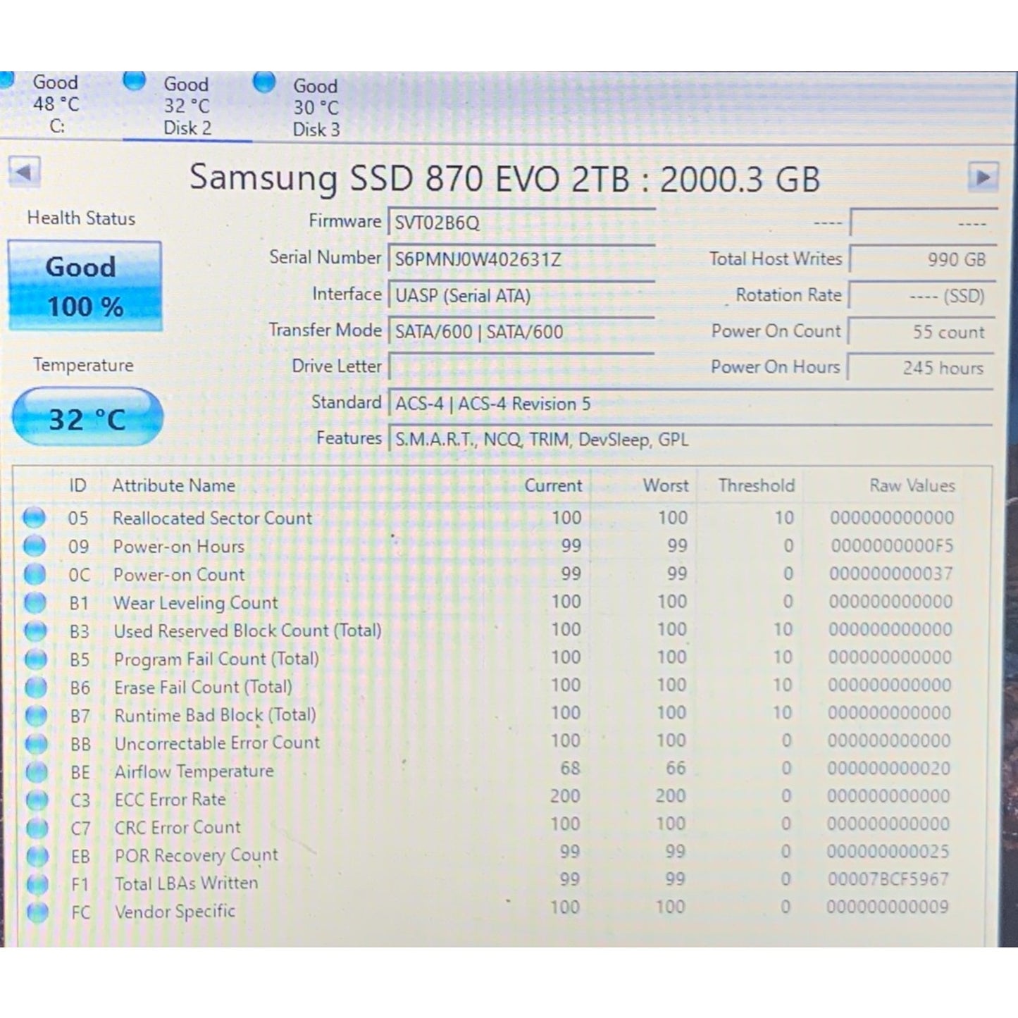 Samsung 870 EVO 2TB 2.5" SATA III Internal SSD MZ-77E2T0 99-100% Health