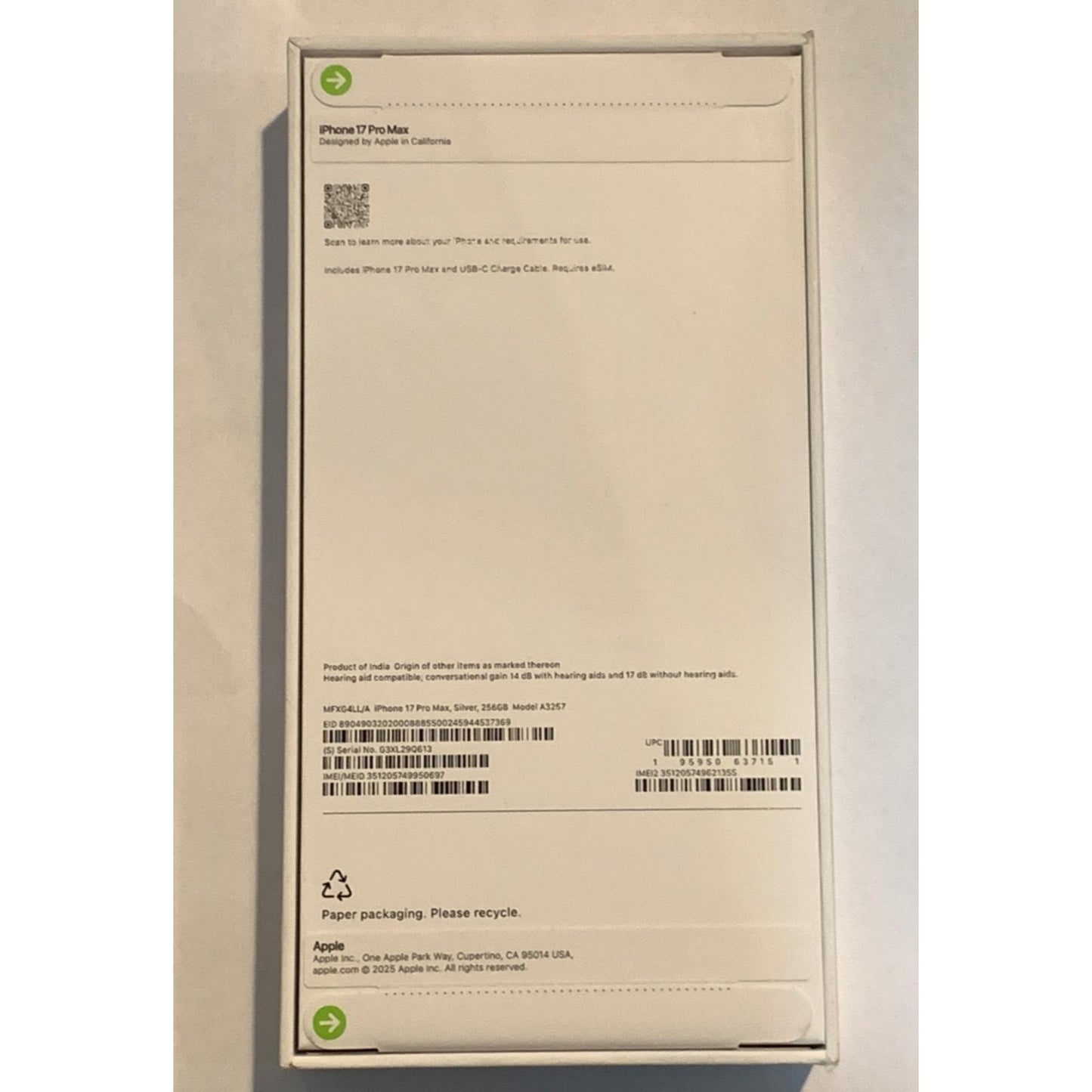 Brand New Apple iPhone 17 Pro Max - 256 GB - Silver - Unlocked - Model A3257