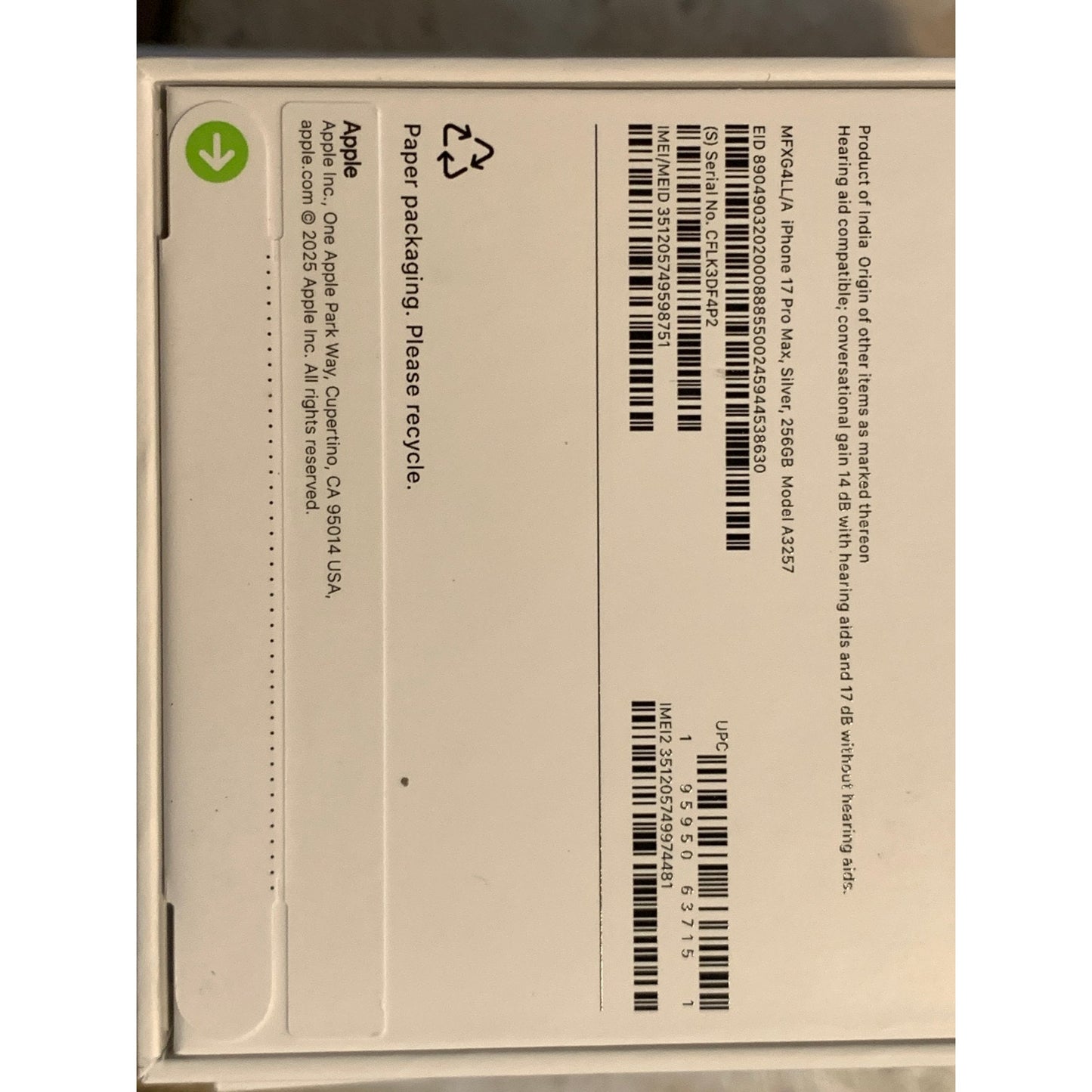 Brand New Apple iPhone 17 Pro Max - 256 GB - Silver - Unlocked - Model A3257