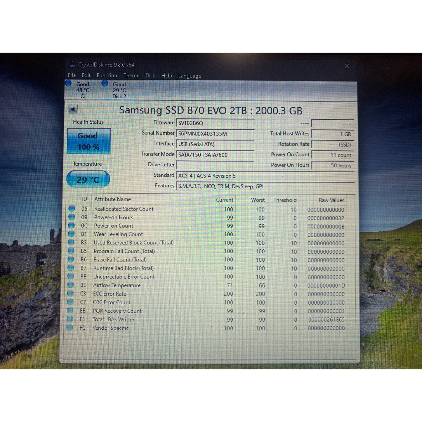 Samsung 870 EVO 2TB 2.5" SATA III Internal SSD MZ-77E2T0 99-100% Health