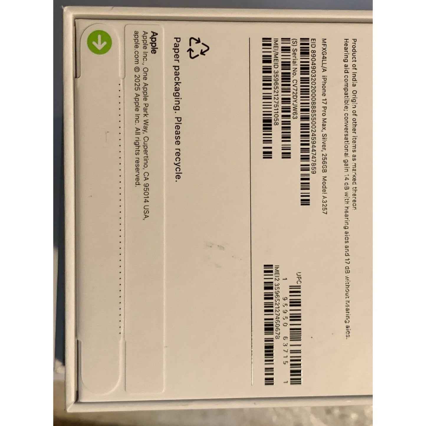 Brand New Apple iPhone 17 Pro Max - 256 GB - Silver - Unlocked - Model A3257
