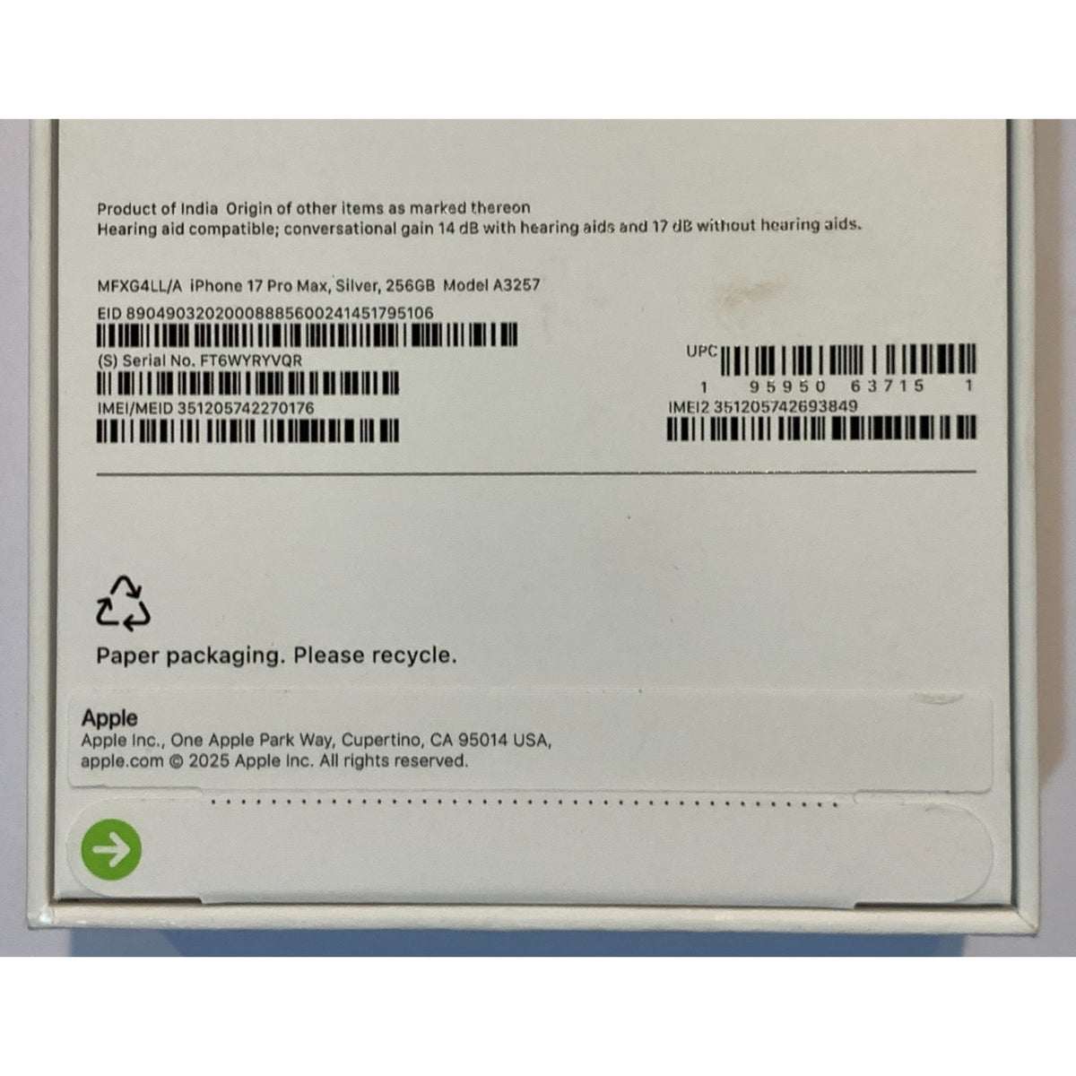 Brand New Apple iPhone 17 Pro Max - 256 GB - Silver - Unlocked - Model A3257