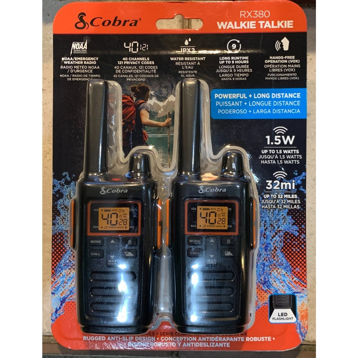 Cobra RX380 32-Mile NOAA Weather-Resistant Walkie Talkies 2 Way Radio (2-Pack)