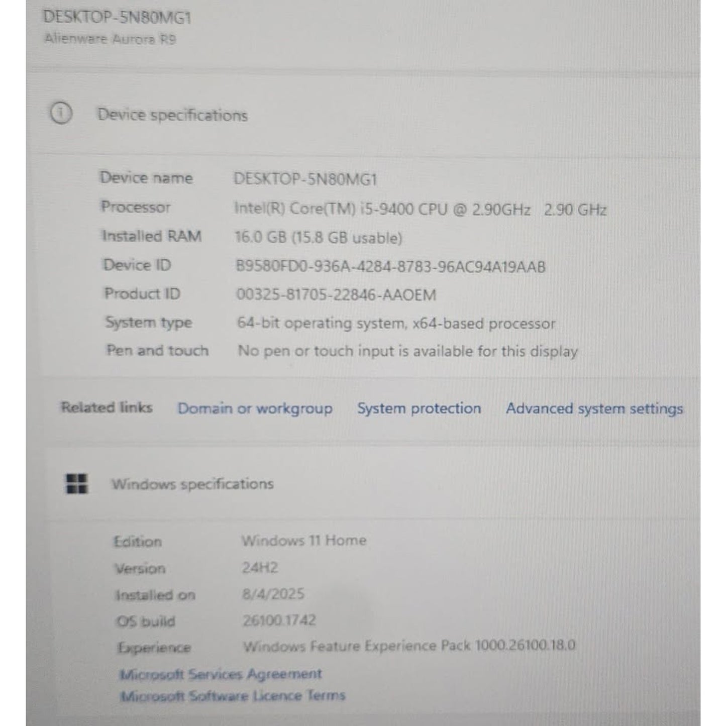 Dell Alienware R9 Gaming Desktop / Intel I5-9400 / Nvidia GTX 1660 Super / 500GB HDD / 16GB Ram