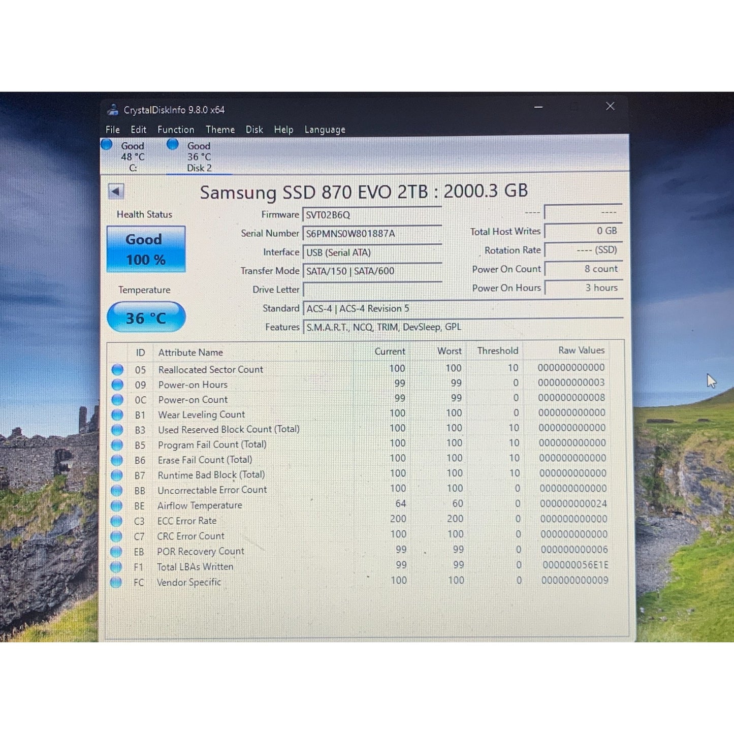 Samsung 870 EVO 2TB 2.5" SATA III Internal SSD MZ-77E2T0 99-100% Health