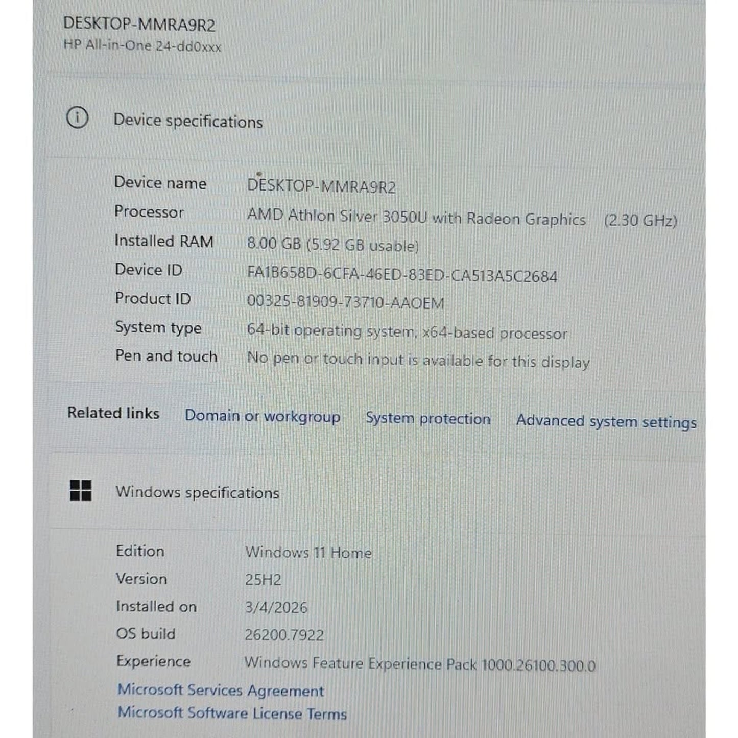 HP 24-DD0010 All-in-One / 24" / Athlon 3050U 2.3GHz /256SSD / 8GB RAM / W11H