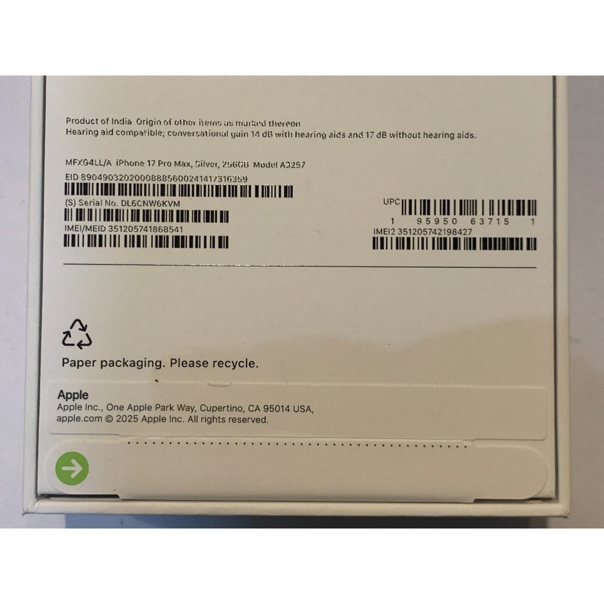 Brand New Apple iPhone 17 Pro Max - 256 GB - Silver - Unlocked - Model A3257