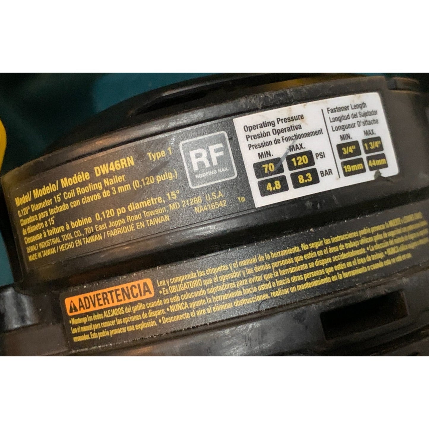 DEWALT 1-3/4 in. 15 Degree Pneumatic Coil Roofing Nailer (DW46RN)