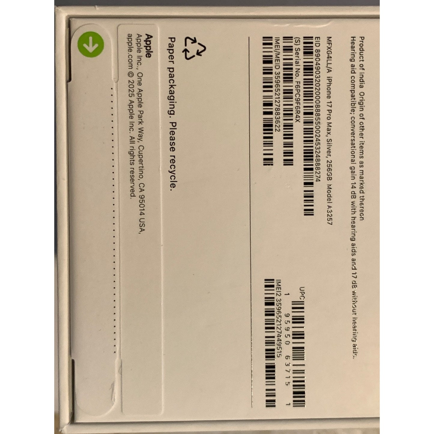 Brand New Apple iPhone 17 Pro Max - 256 GB - Silver - Unlocked - Model A3257