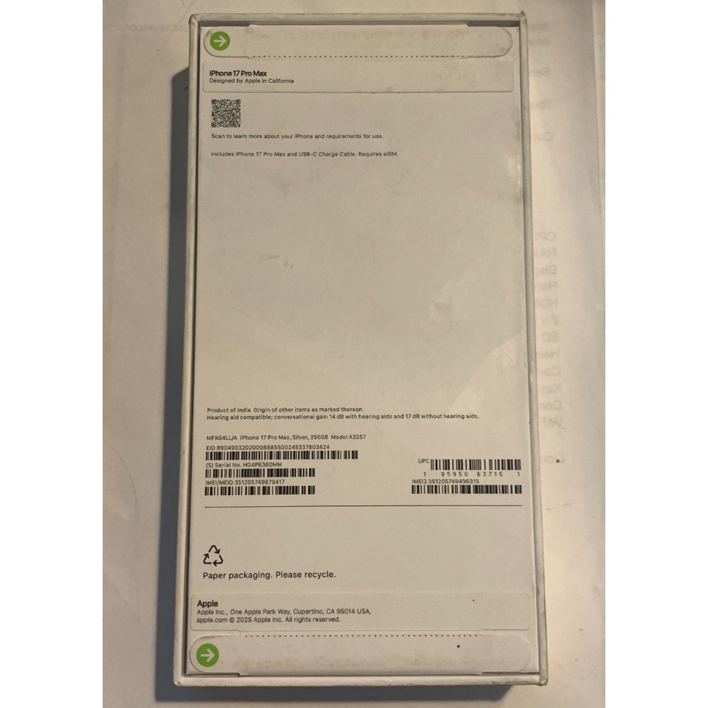 Brand New Apple iPhone 17 Pro Max - 256 GB - Silver - Unlocked - Model A3257