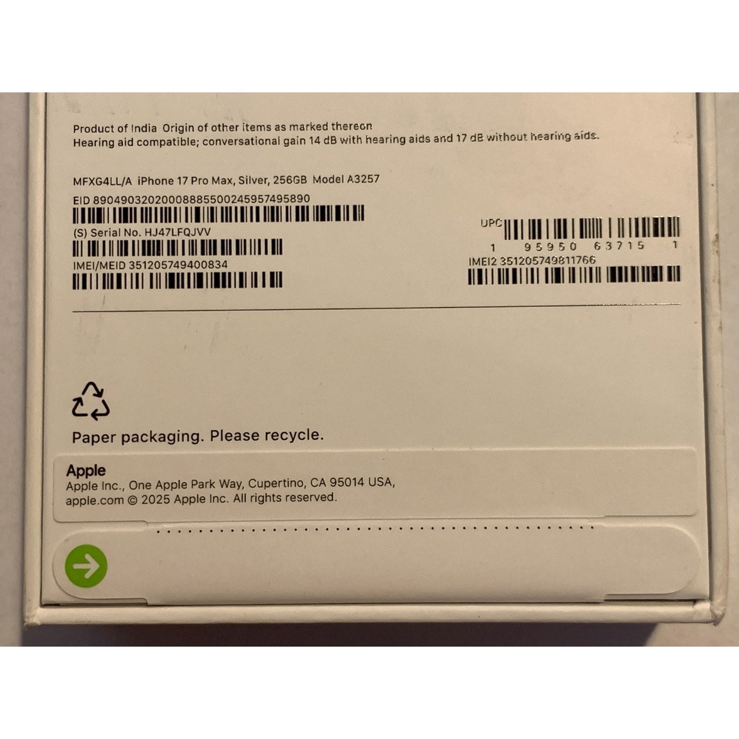 Brand New Apple iPhone 17 Pro Max - 256 GB - Silver - Unlocked - Model A3257