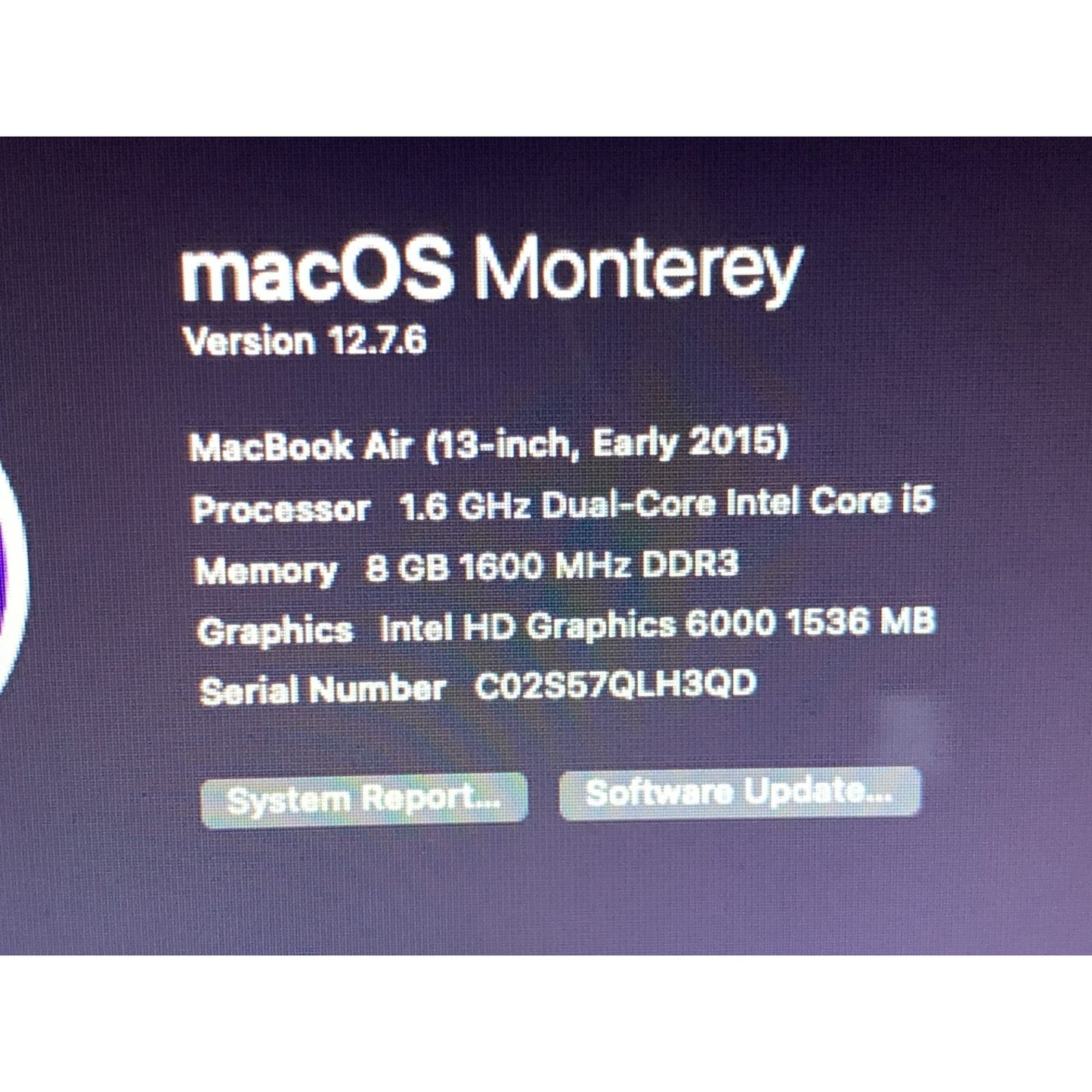 Apple MacBook Air A1466 2015 13.3" Core i5 CPU 1.7Ghz 8GB RAM 128GB SSD