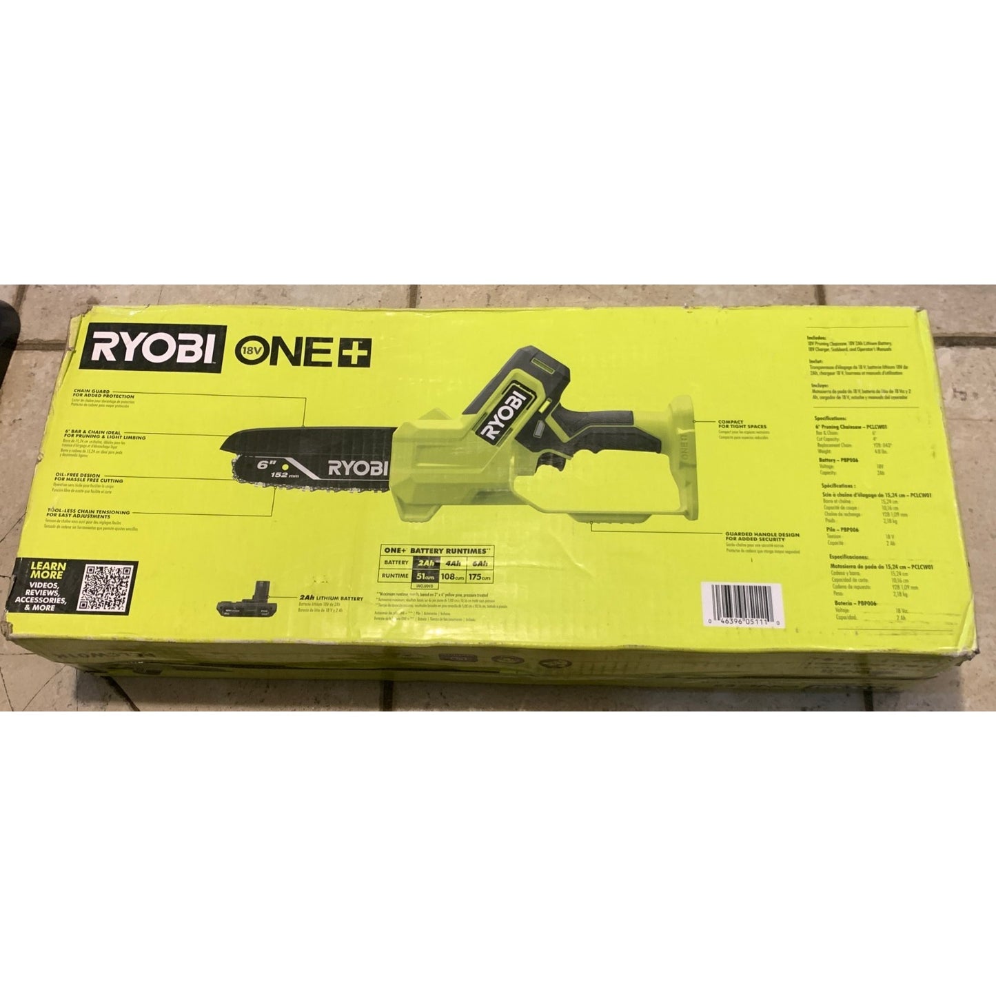 Ryobi 18V 6” Pruning Chainsaw Kit W/ 2AH Battery & Charger (PCLCW01K) NEW