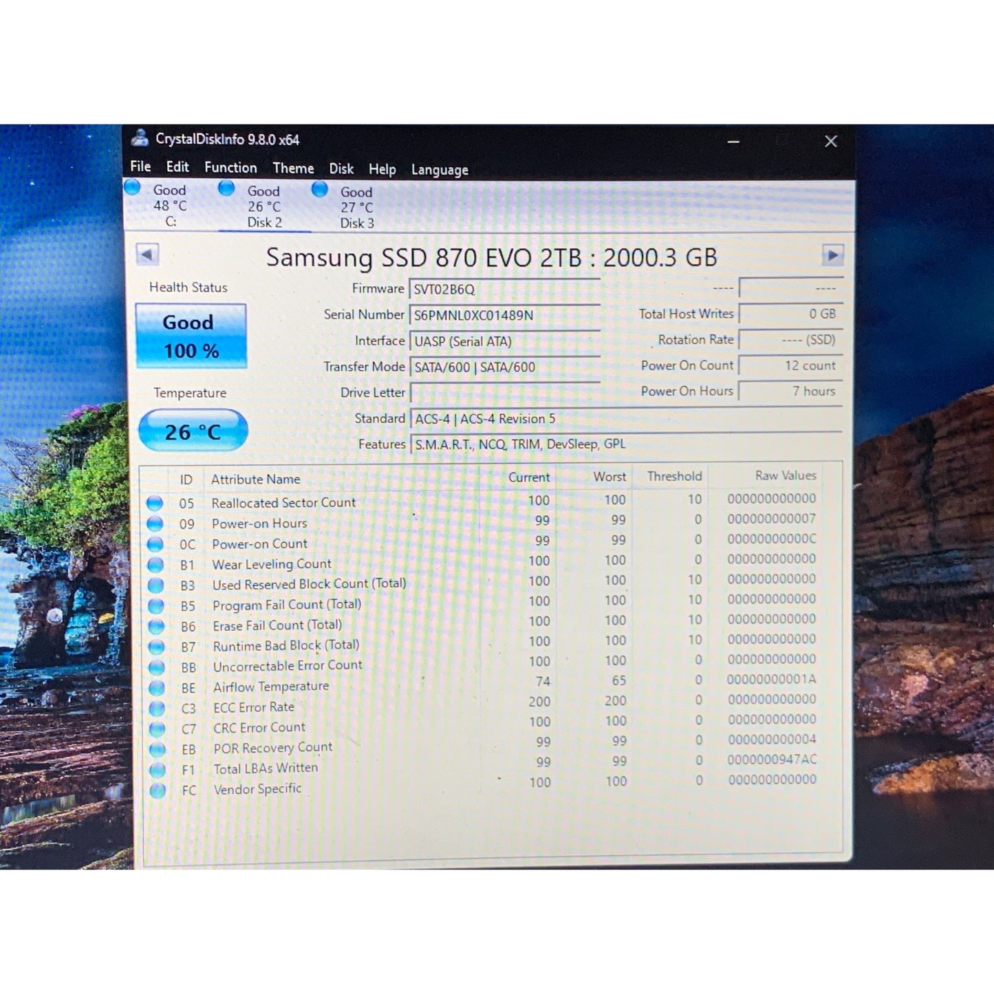 Samsung 870 EVO 2TB 2.5" SATA III Internal SSD MZ-77E2T0 99-100% Health