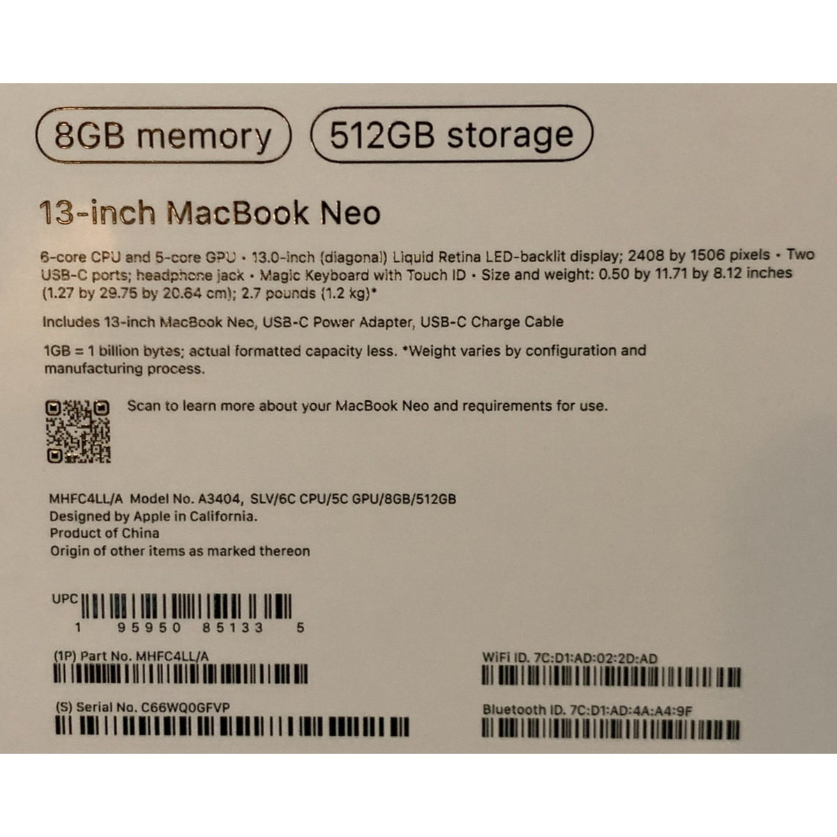 New 2026 Apple MacBook Neo 13" A18 Pro 5C GPU 4.0GHz 8GB RAM 512GB SSD MHFC4LL/A