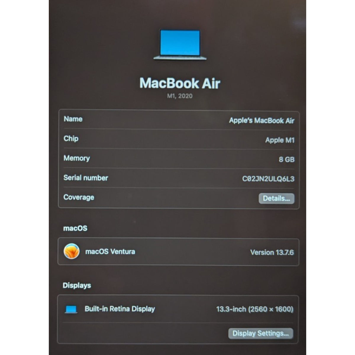 Apple MacBook Air 13 2020 A2337 Apple M1 120SSD 8Ram Silver
