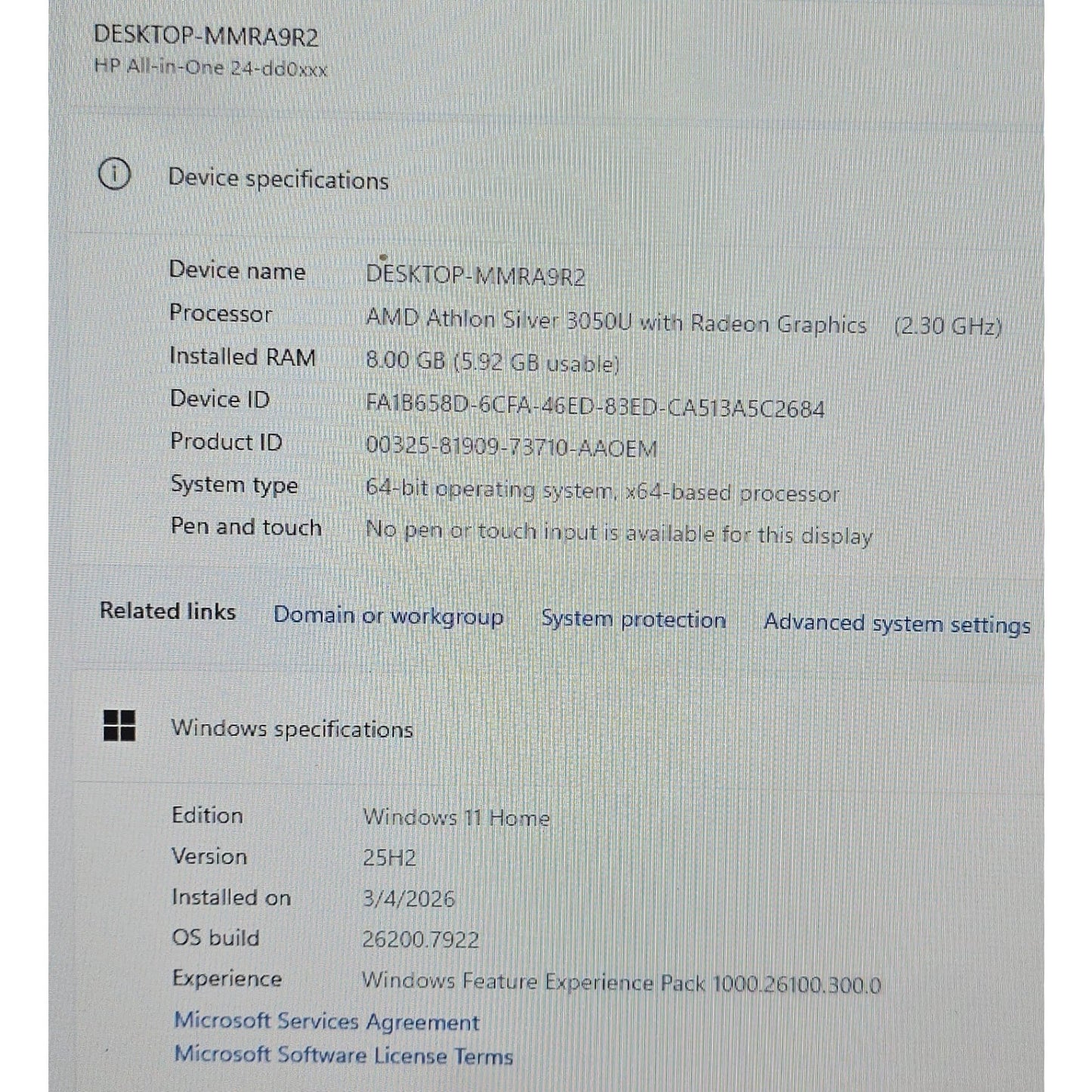 HP 24-DD0010 All-in-One / 24" / Athlon 3050U 2.3GHz /256SSD / 8GB RAM / W11H