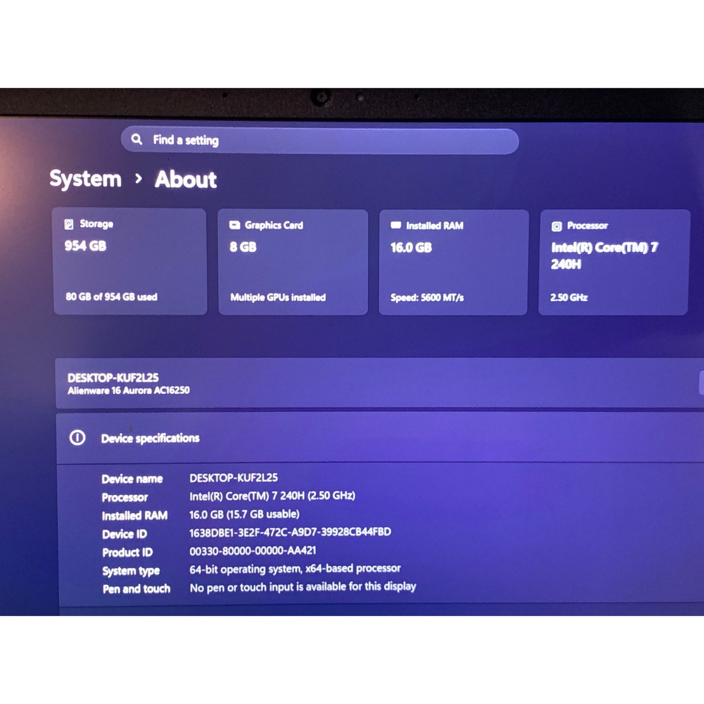 Alienware 16 Aurora AC16250 16" Core 7 240H 16GB RAM 1TB SSD RTX 5050