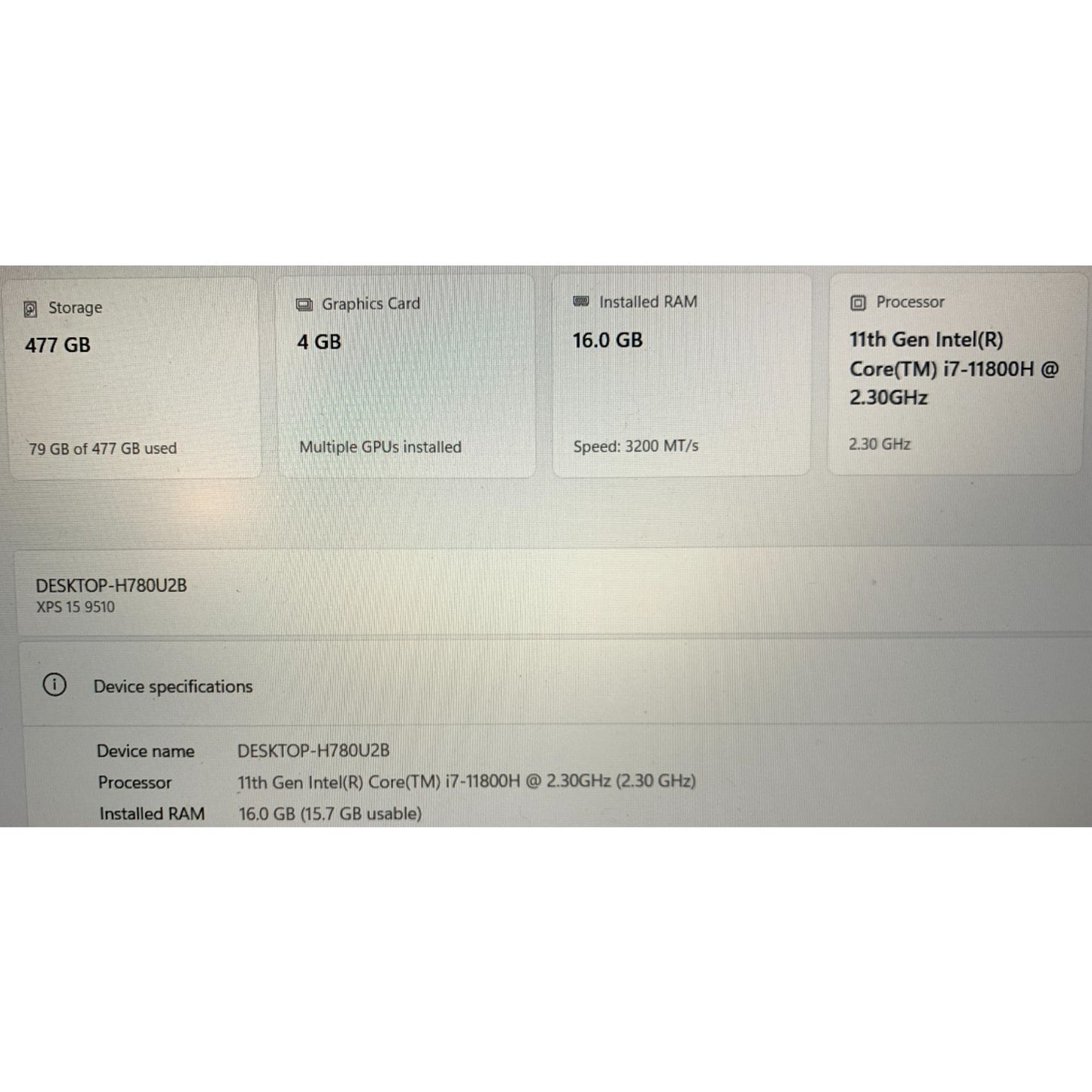 Dell XPS 15 9510 i7-11800H, 16GB, 512GB, RTX 3050 Ti, Win 11 With Charger