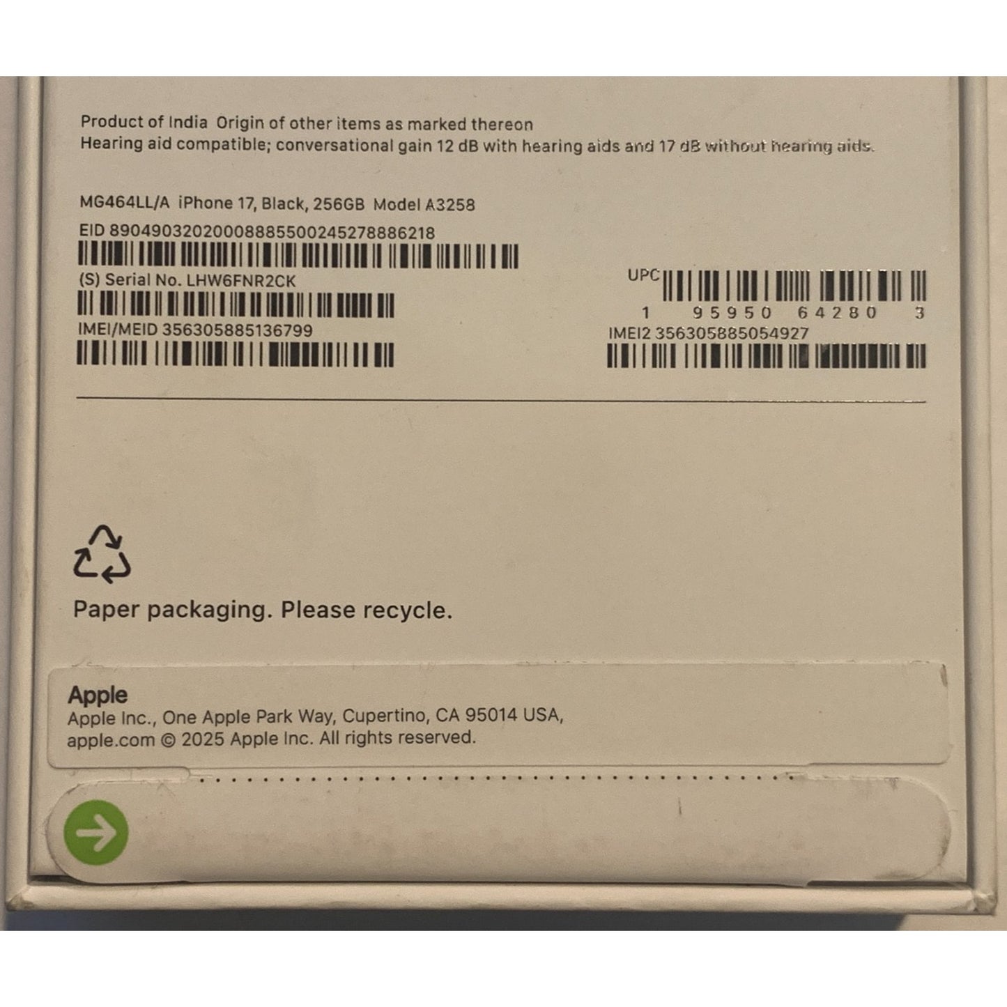 Apple iPhone 17 256GB Black A3258 (Verizon Only) NEW - Clean ESN