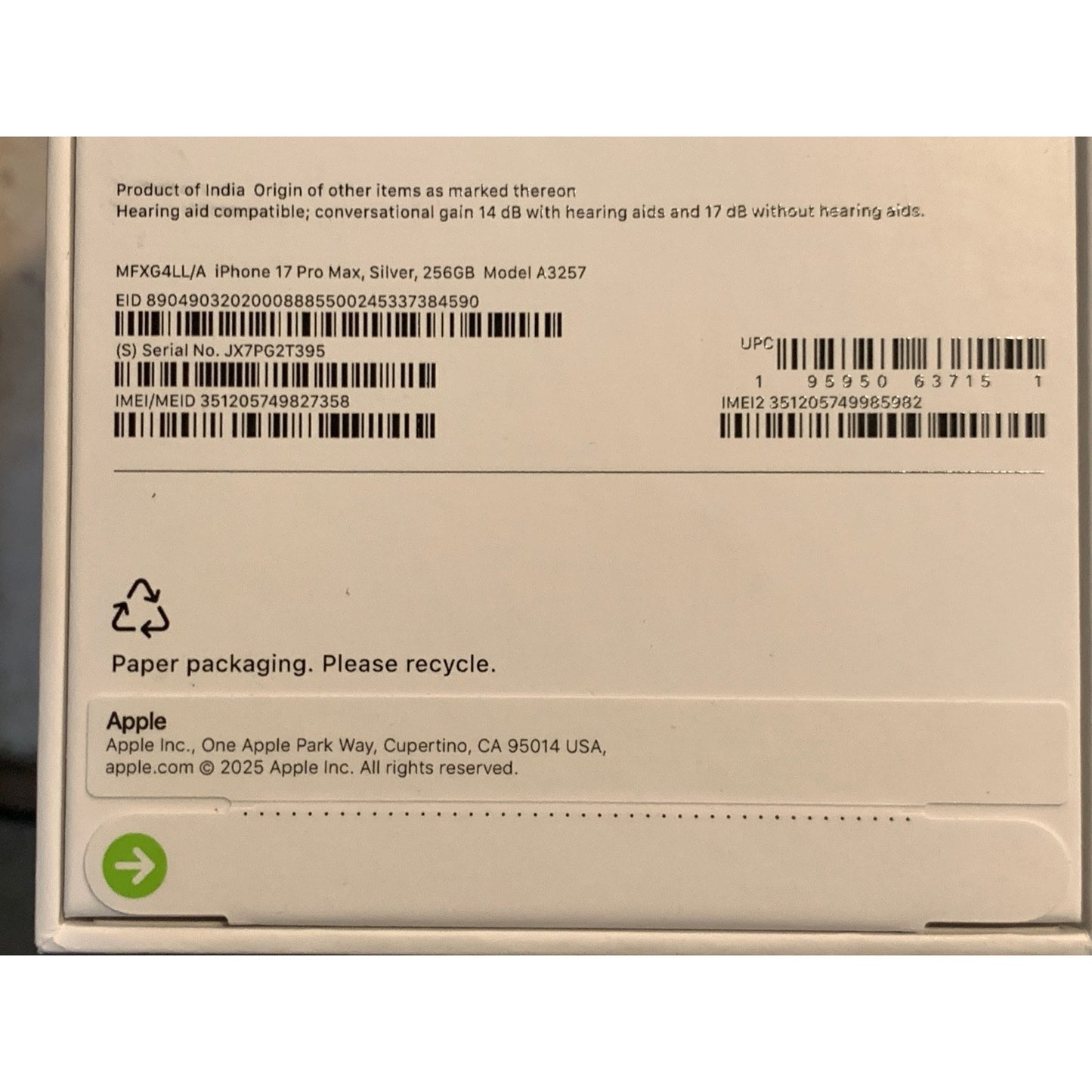 Brand New Apple iPhone 17 Pro Max - 256 GB - Silver - Unlocked - Model A3257